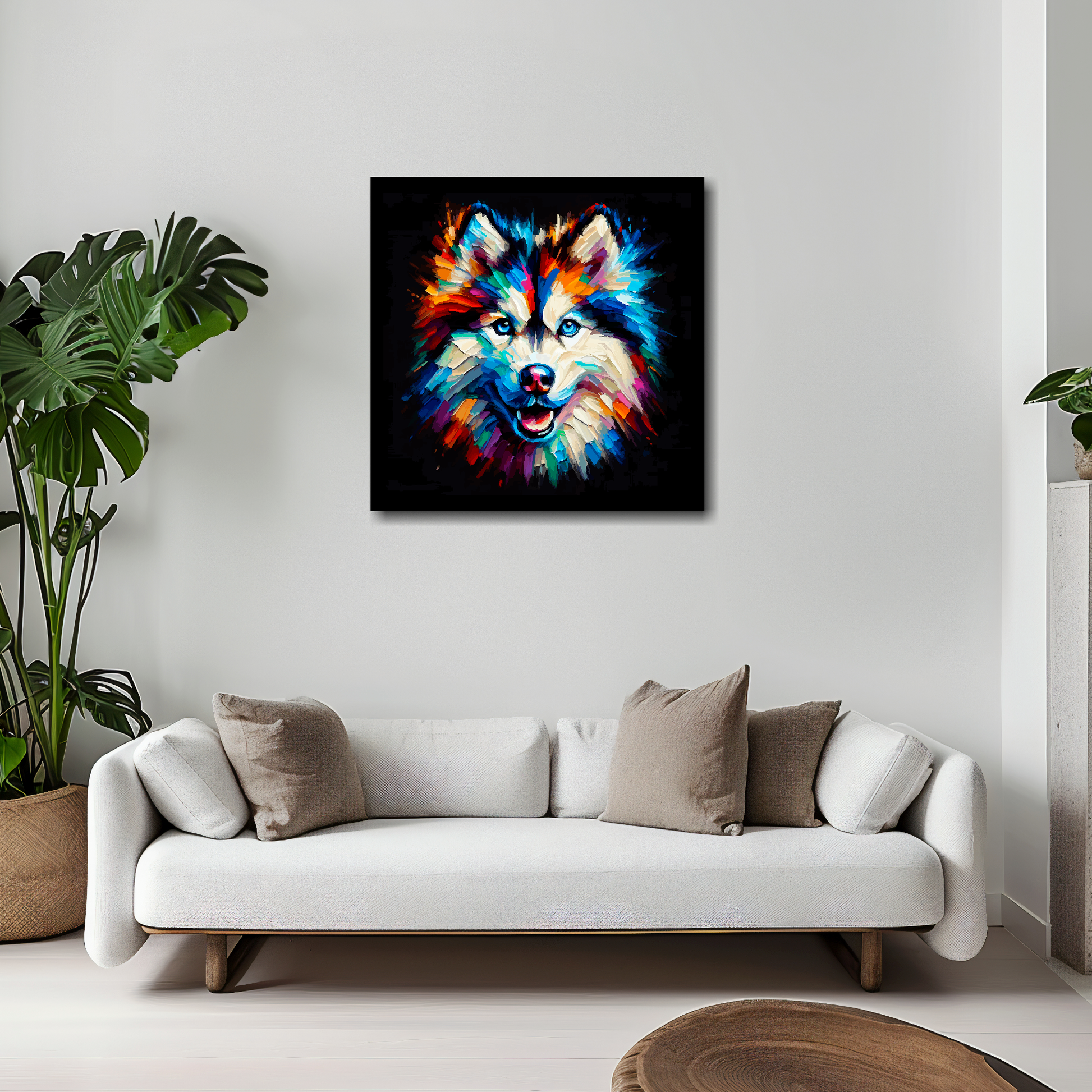 Alaskan Husky canvas 20x20 inches above white sofa - vibrant dog portrait wall art UK