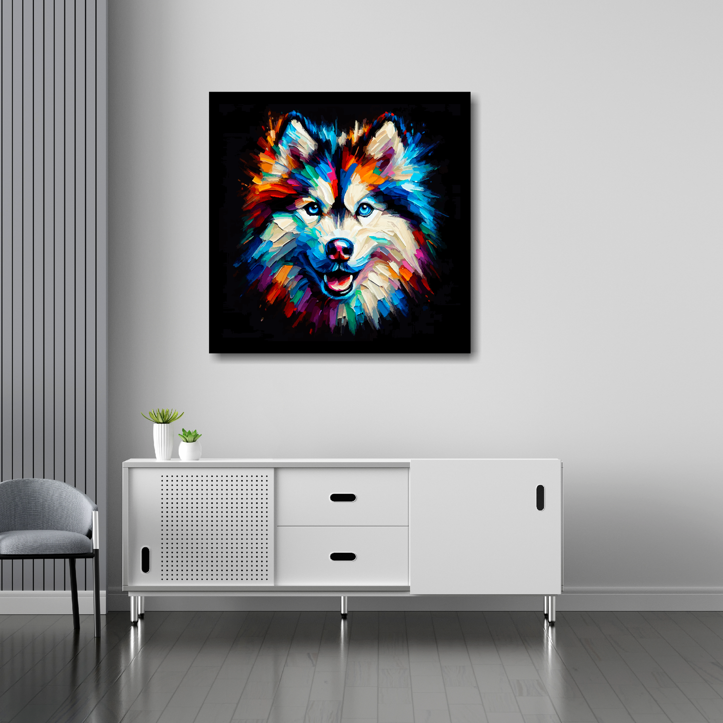 Alaskan Husky canvas 30x30 inches above sideboard - large colourful dog portrait UK made