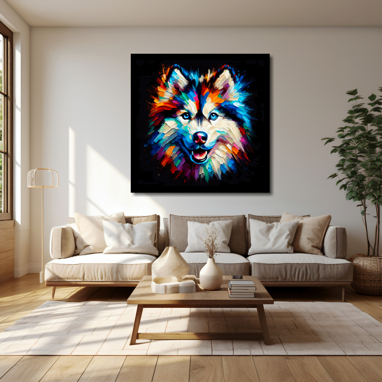 Alaskan Husky canvas 40x40 inches above cream sofa - XL vibrant dog wall art UK