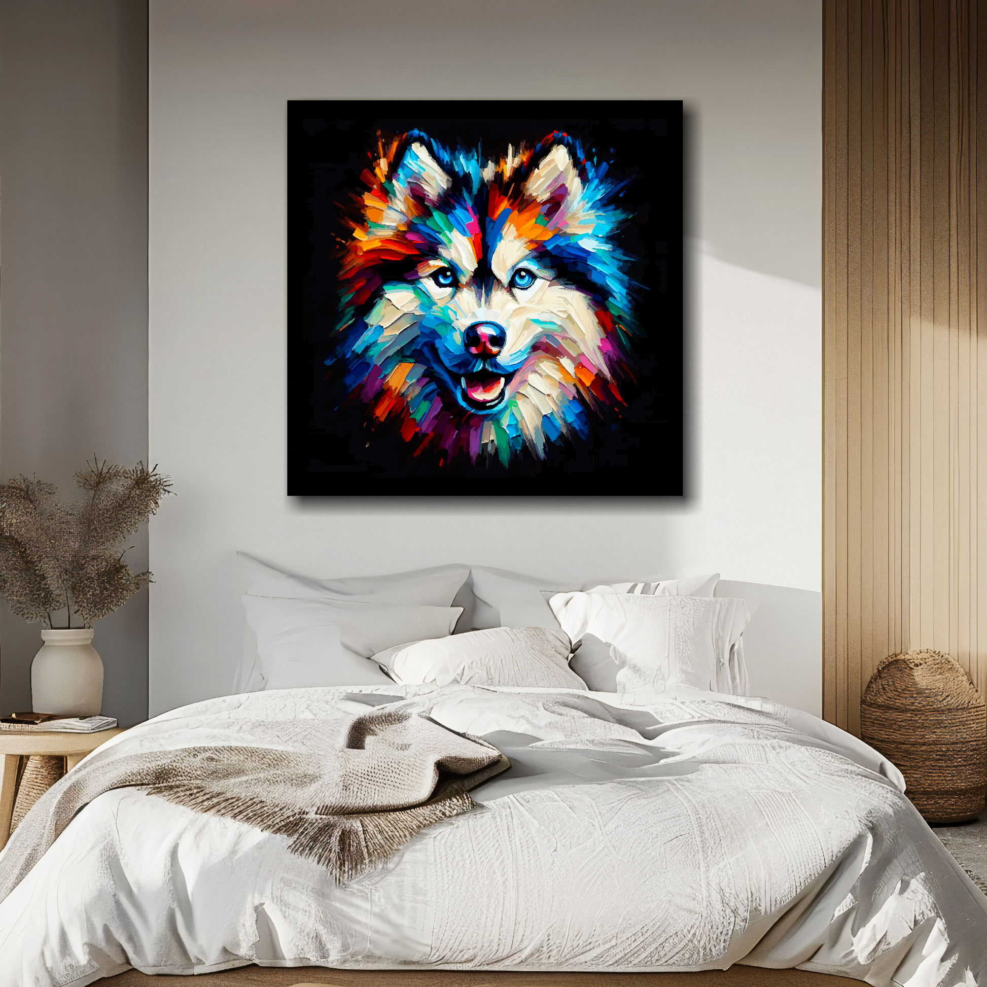 Alaskan Husky portrait canvas above bed - colourful dog wall decor for UK bedrooms
