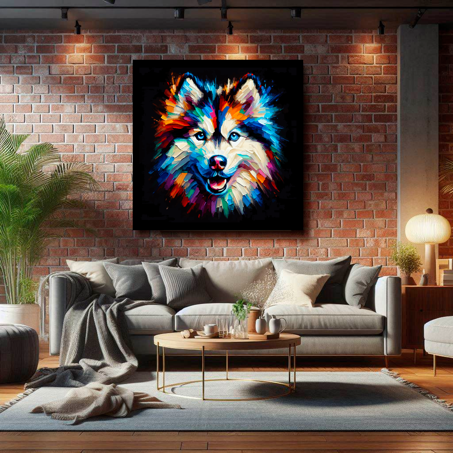 Large Alaskan Husky canvas on brick wall above grey sofa - bold dog portrait UK living room