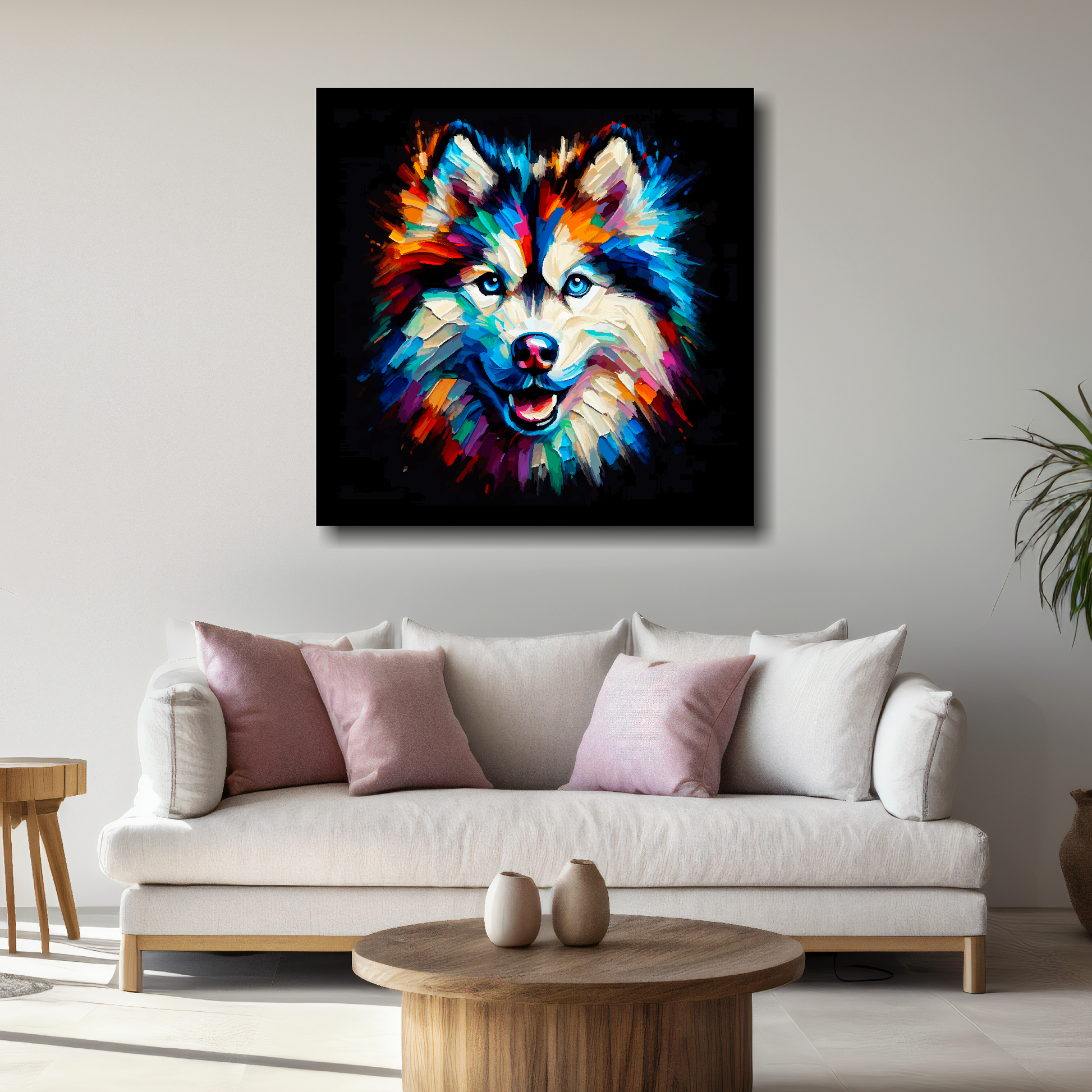 Large Alaskan Husky canvas above white sofa - vibrant abstract dog portrait wall art UK