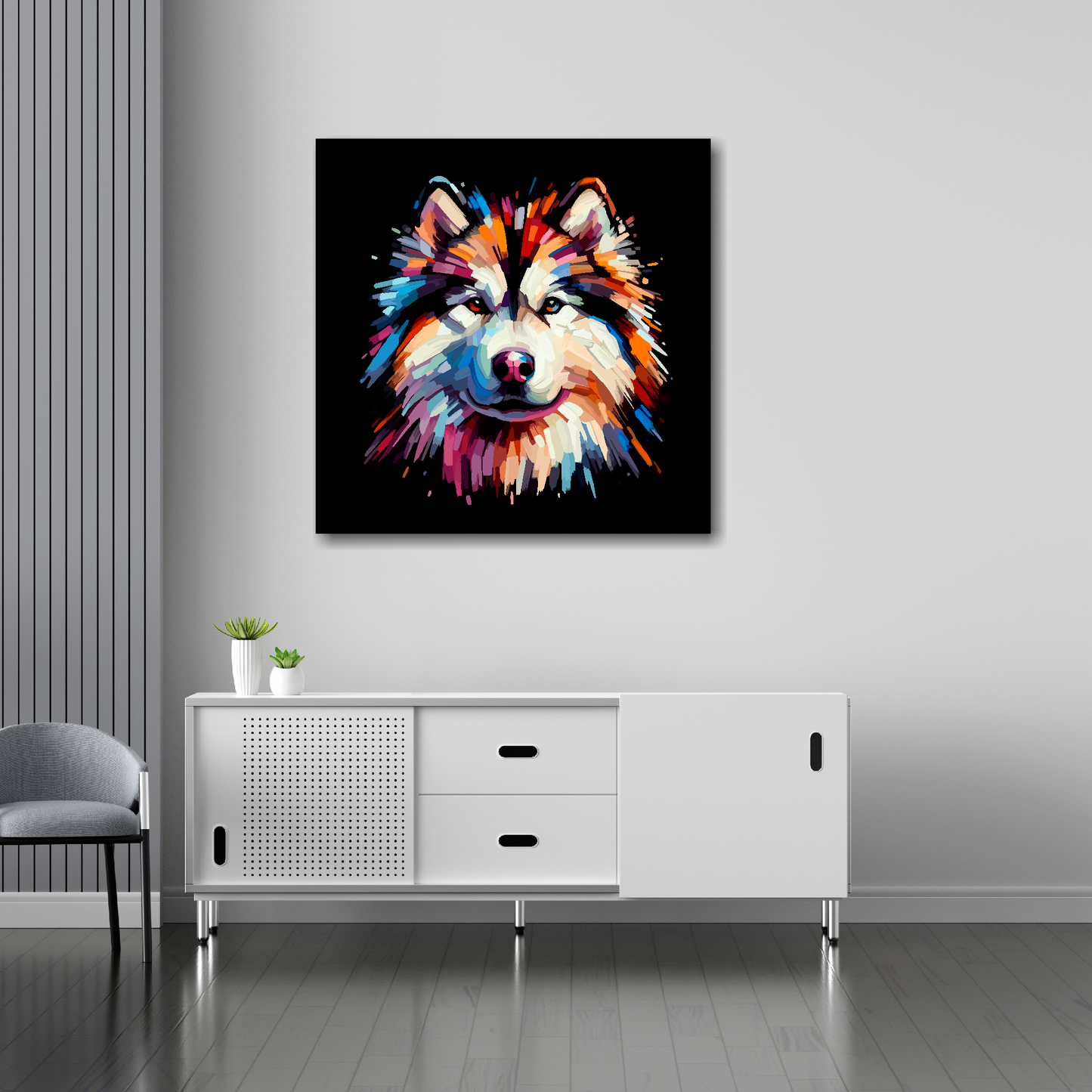 Alaskan Malamute canvas 30x30 inches above sideboard - large colourful dog portrait UK made