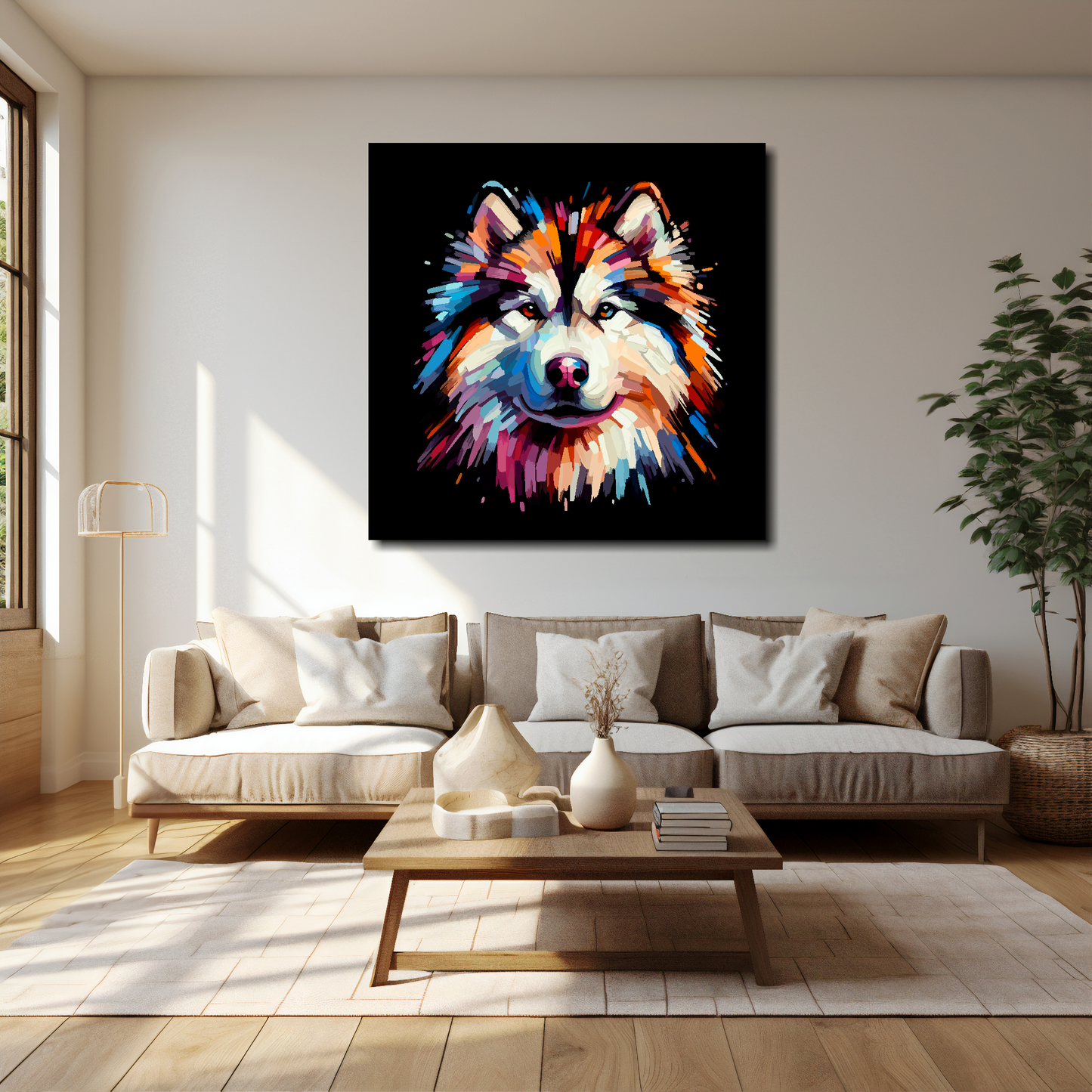 Alaskan Malamute canvas 40x40 inches above cream sofa - XL vibrant dog wall art UK