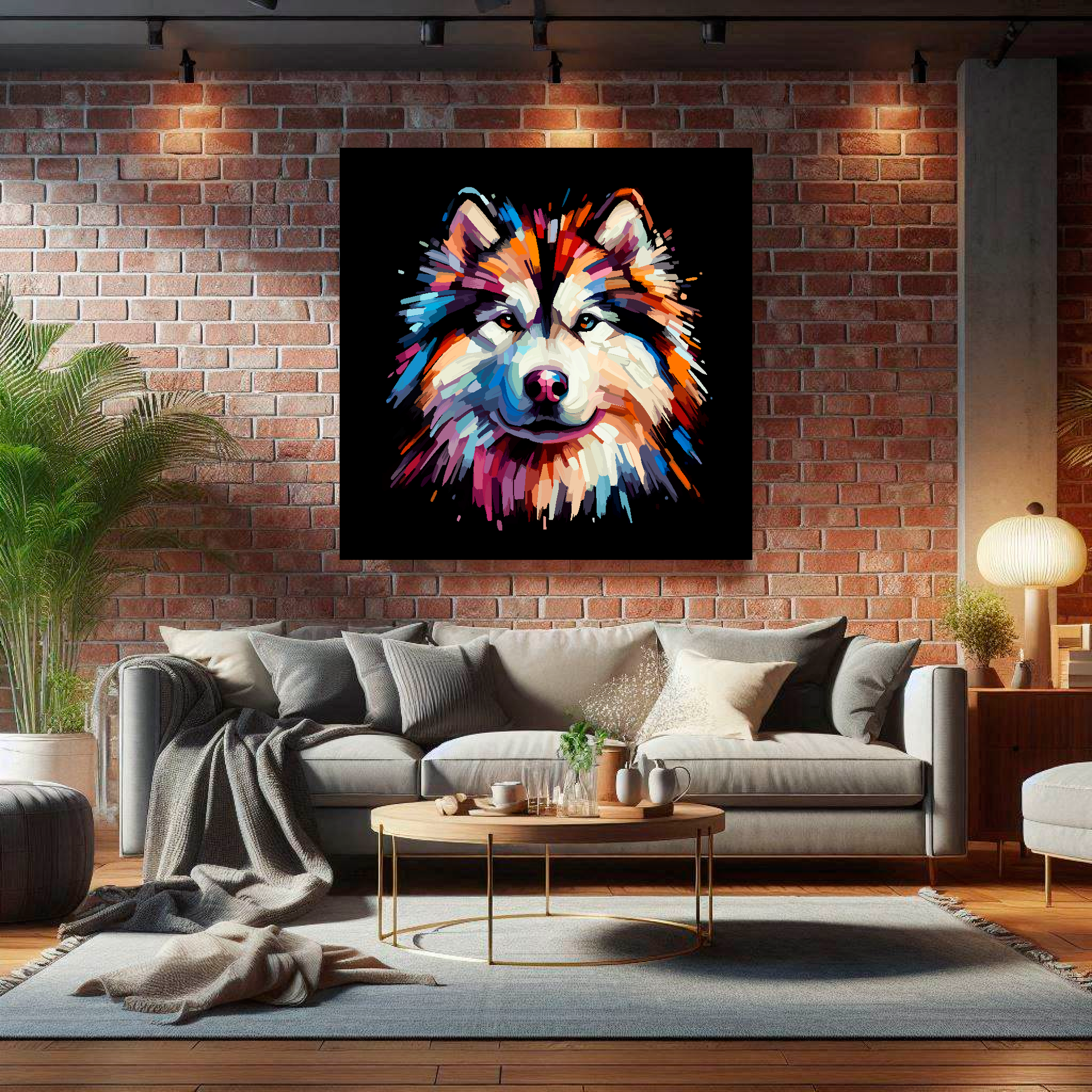 Large Alaskan Malamute canvas on brick wall above grey sofa - bold dog portrait UK living room