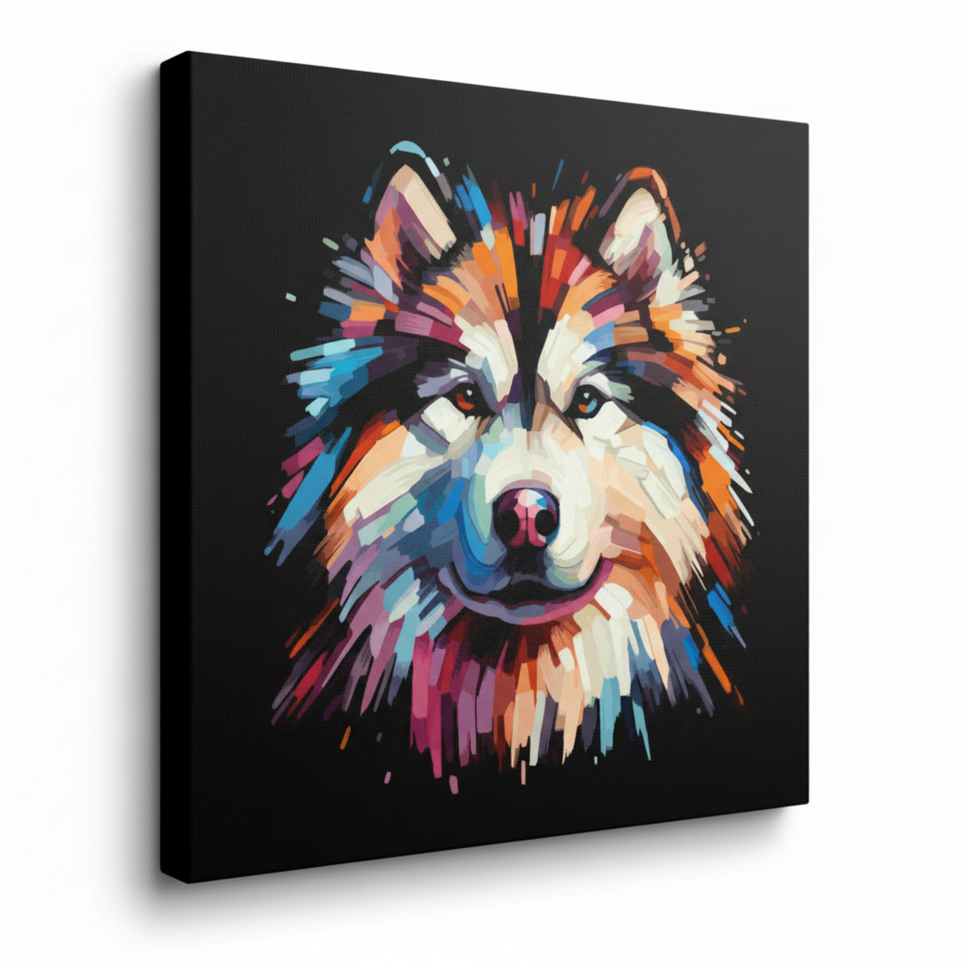 Colourful Alaskan Malamute dog portrait canvas print - UK made abstract pet wall art black background