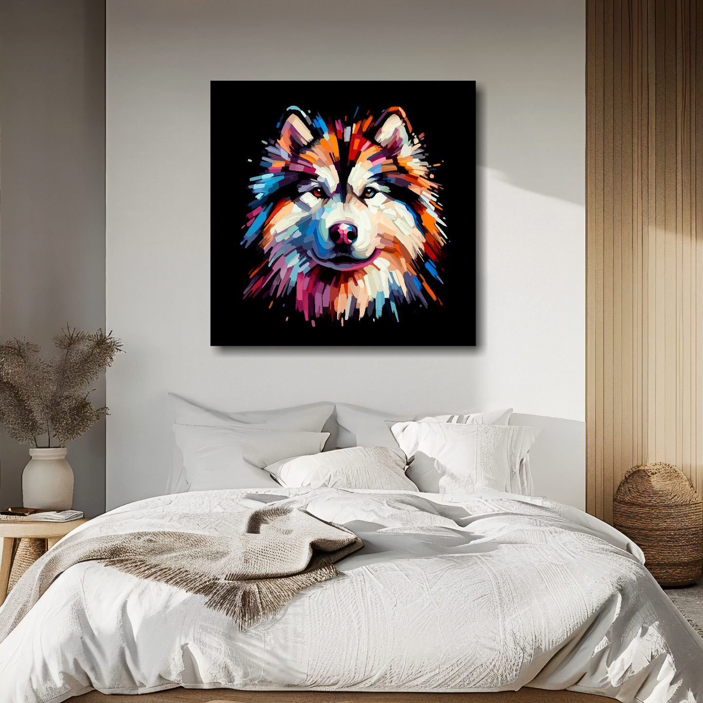 Alaskan Malamute portrait canvas above bed - colourful dog wall decor for UK bedrooms