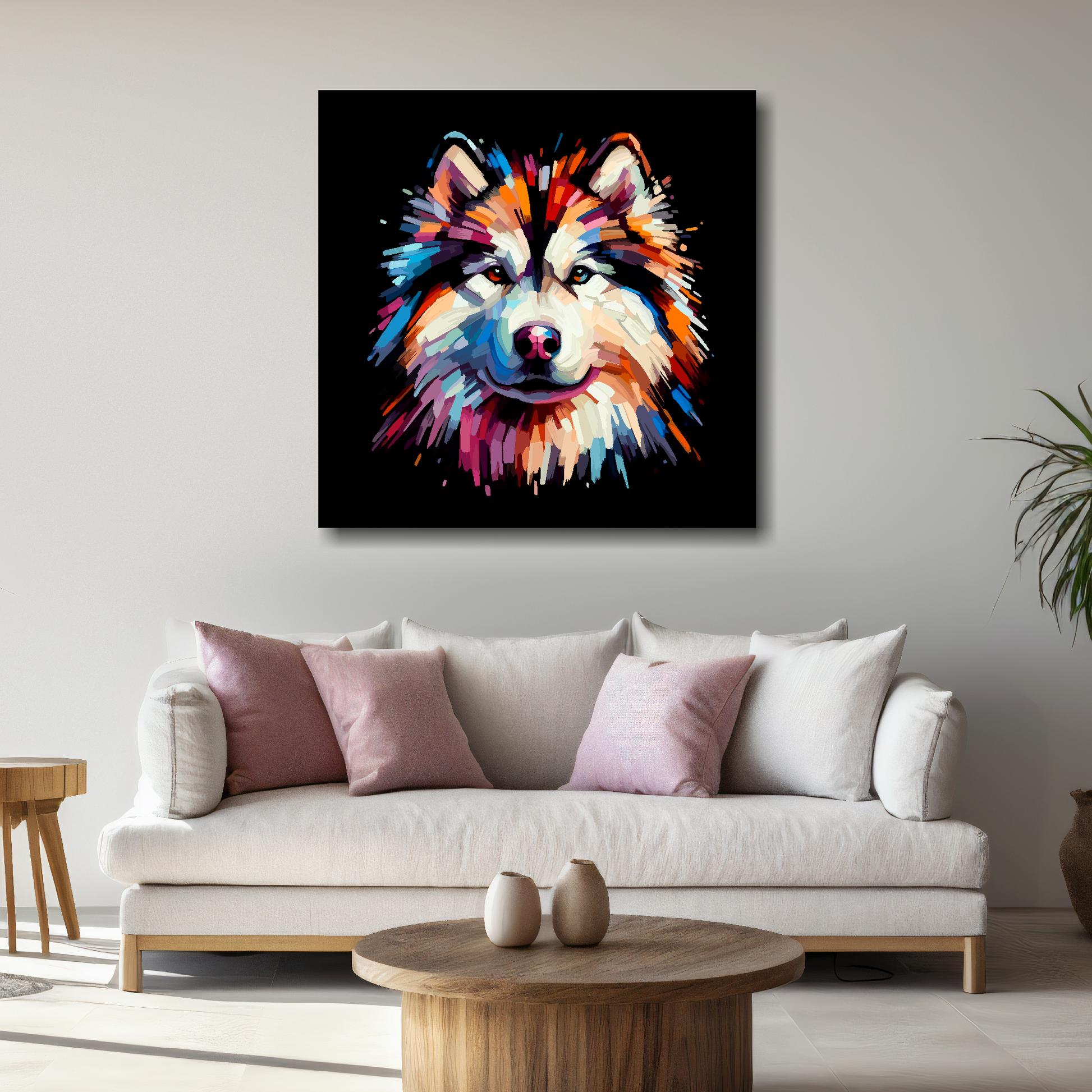 Large Alaskan Malamute canvas above white sofa - vibrant abstract dog portrait wall art UK