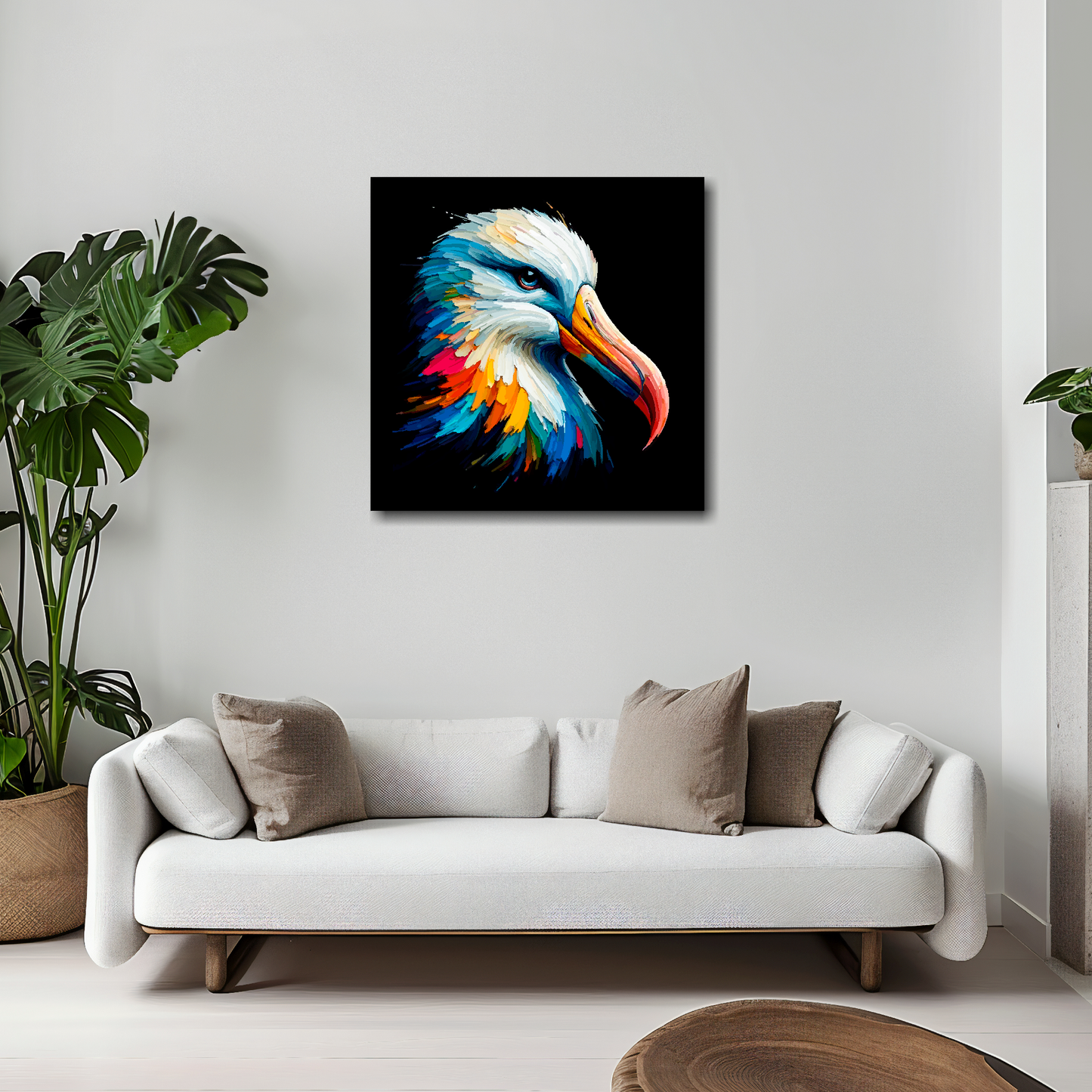 Albatross canvas 20x20 inches above white sofa - vibrant bird portrait wall art UK