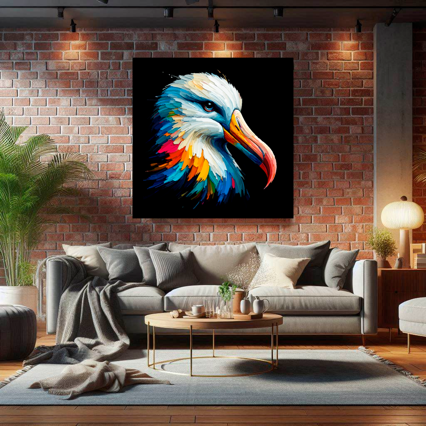 Large Albatross canvas on brick wall above grey sofa - bold bird portrait UK living room