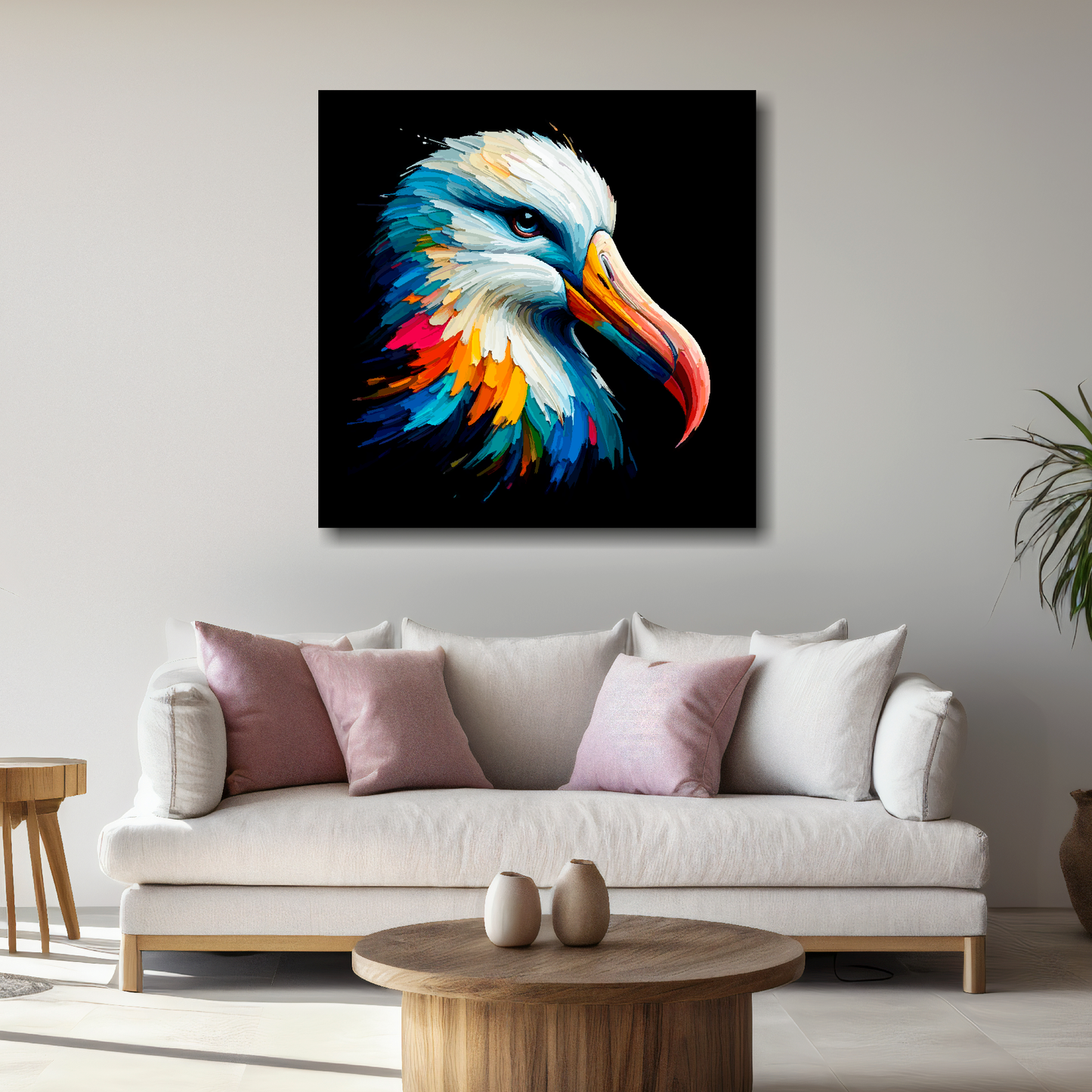 Large Albatross canvas above white sofa - vibrant abstract bird portrait wall art UK