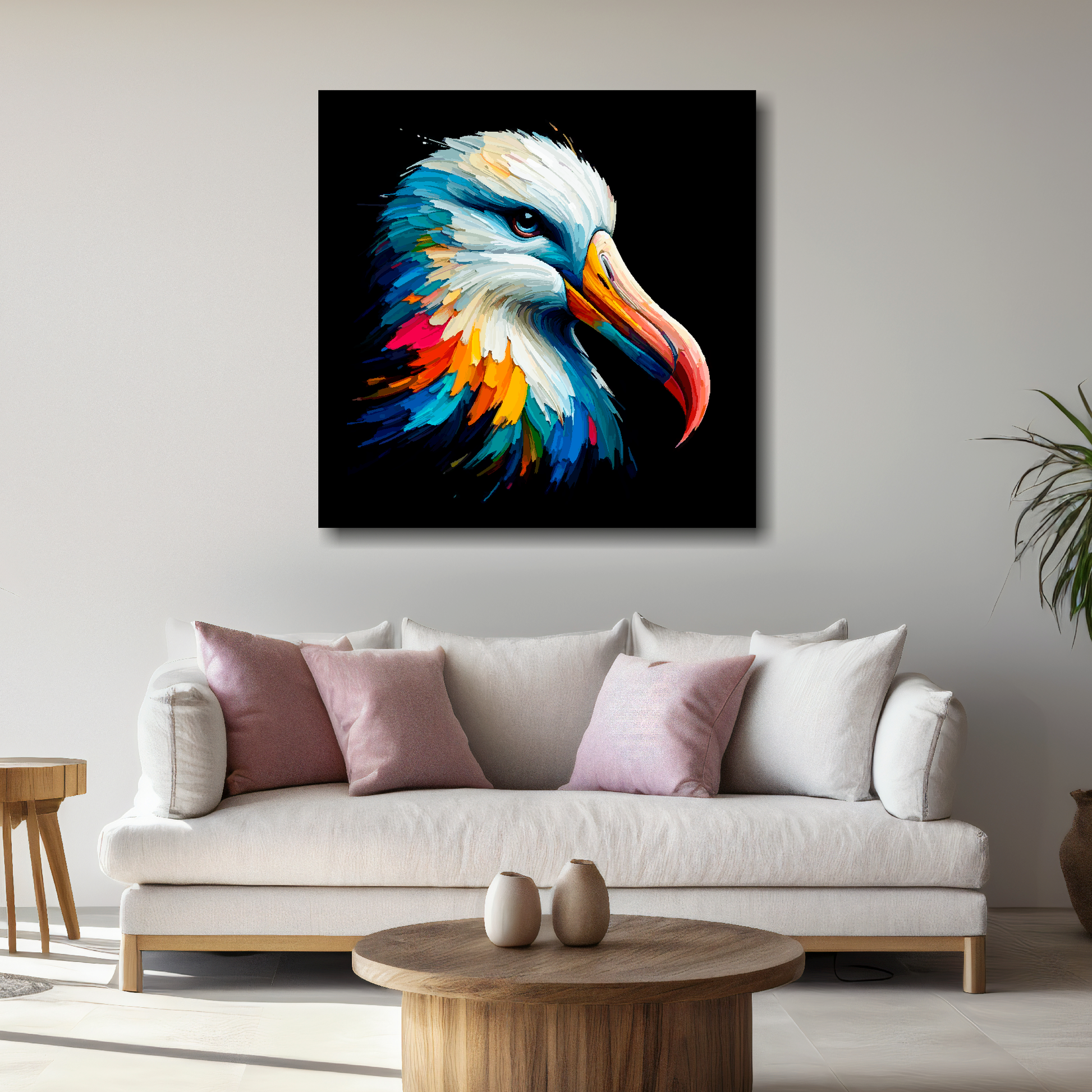 Large Albatross canvas above white sofa - vibrant abstract bird portrait wall art UK