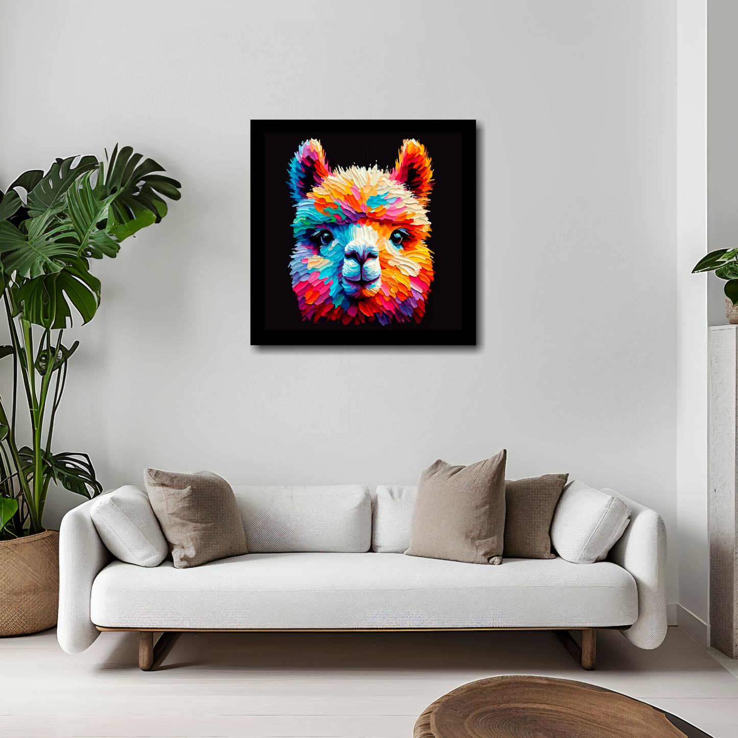 Alpaca canvas 20x20 inches above white sofa - vibrant farm animal portrait wall art UK