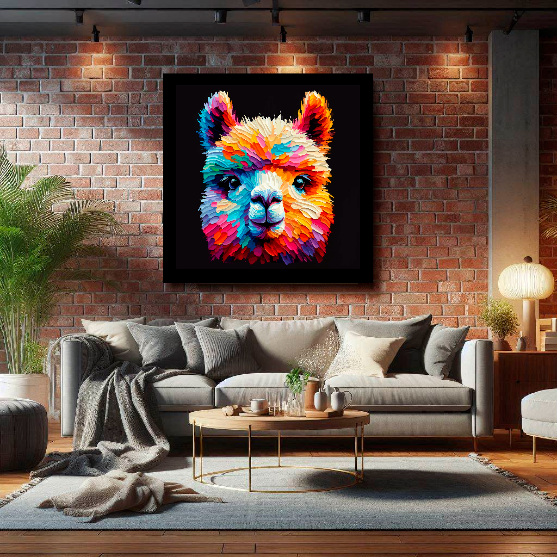 Large Alpaca canvas on brick wall above grey sofa - bold farm animal portrait UK living room