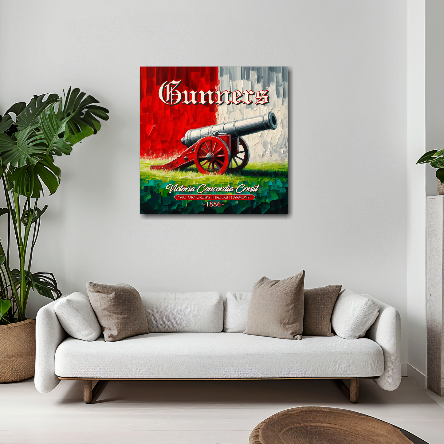 Arsenal inspired canvas 20x20 inches above white sofa - vibrant UK football wall art