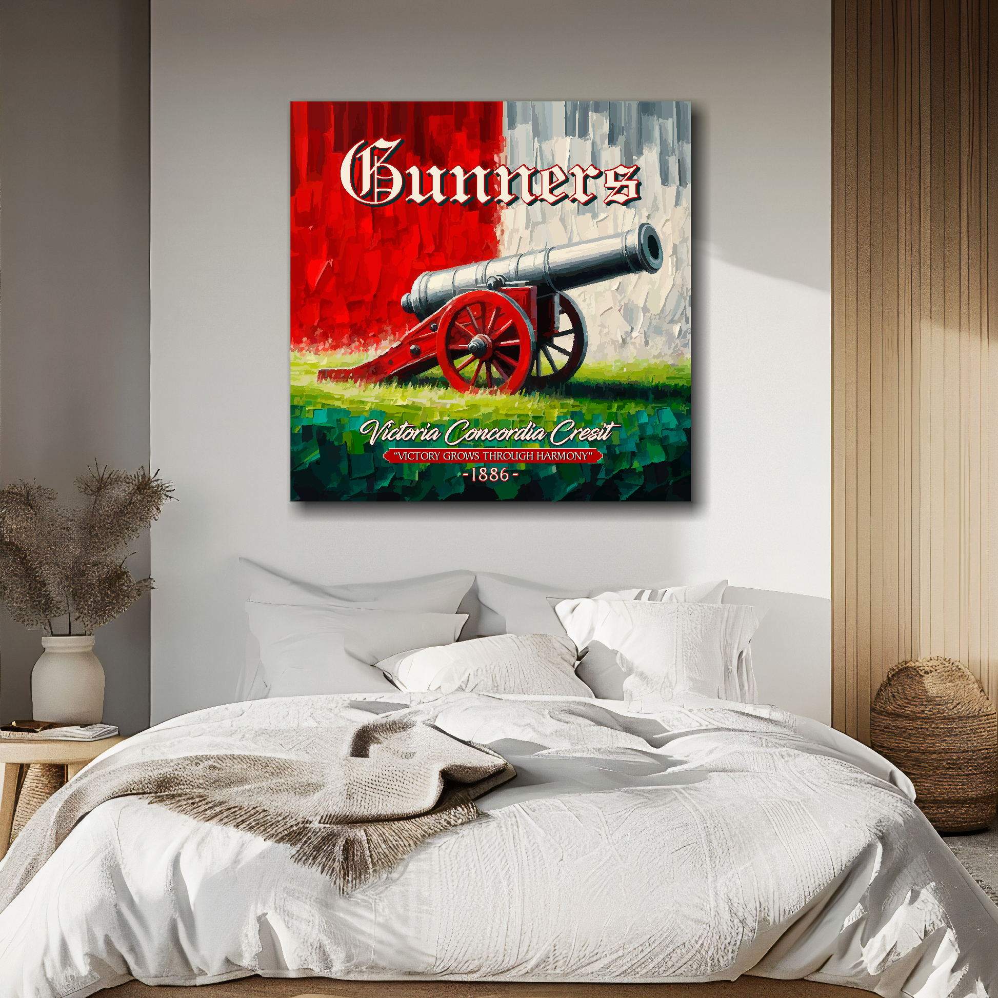 Arsenal inspired canvas above bed - colourful UK football wall decor for bedrooms
