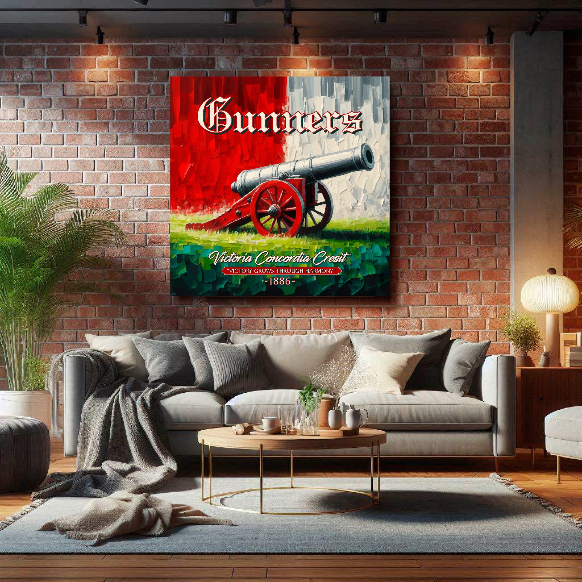 Large Arsenal inspired canvas on brick wall above grey sofa - bold UK football art living room