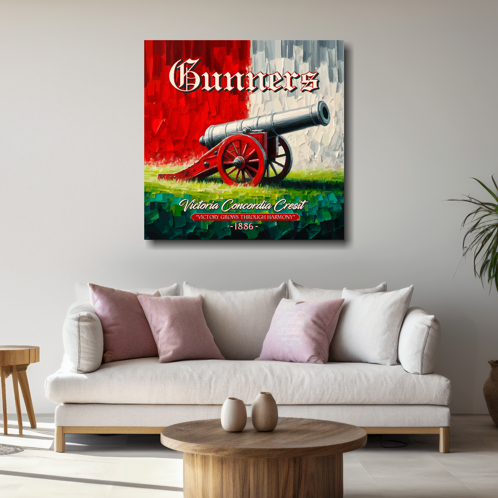 Large Arsenal inspired canvas above white sofa - vibrant abstract UK football wall art