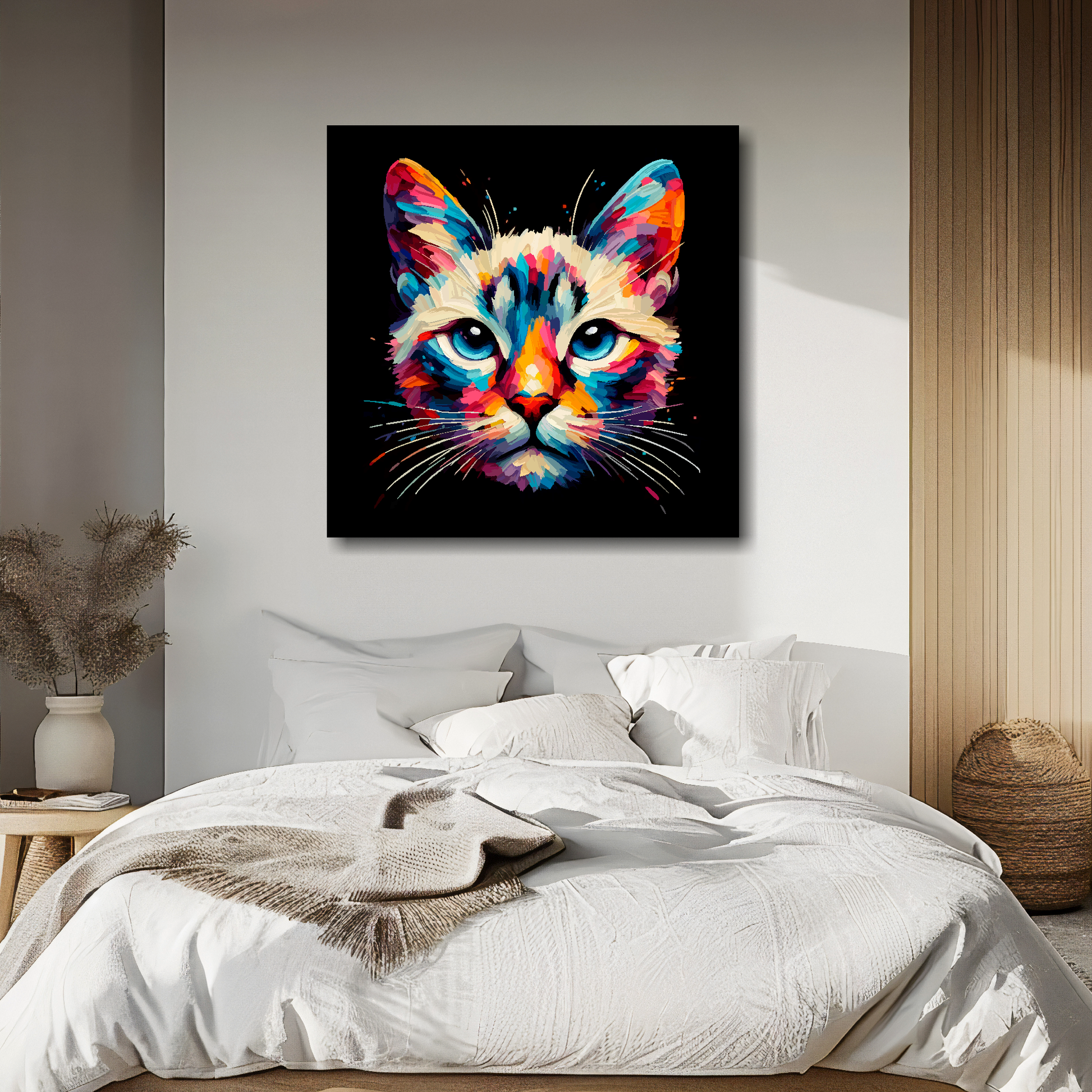 Asian cat portrait canvas above bed - colourful cat wall decor for UK bedrooms