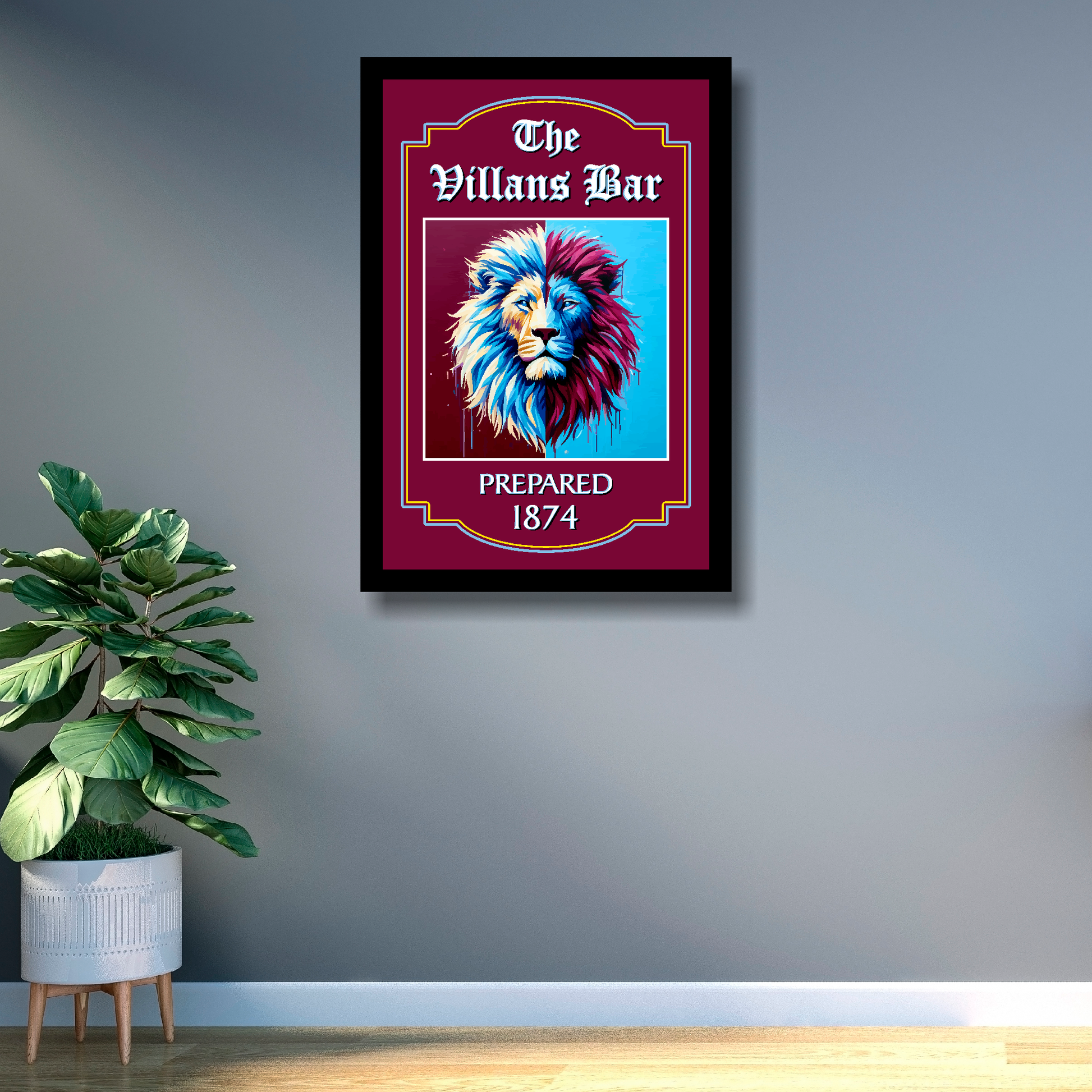 Aston Villa FC inspired black framed artwork print of a lion's head with text 'Villans Bar' on a gray wall.