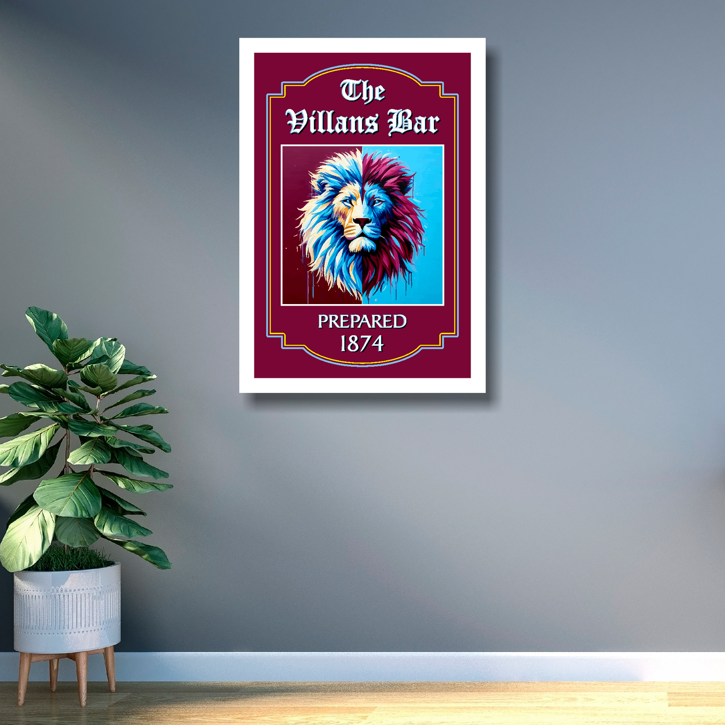 Aston Villa FC inspired white framed artwork print of a lion's head with text 'Villans Bar' on a gray wall.