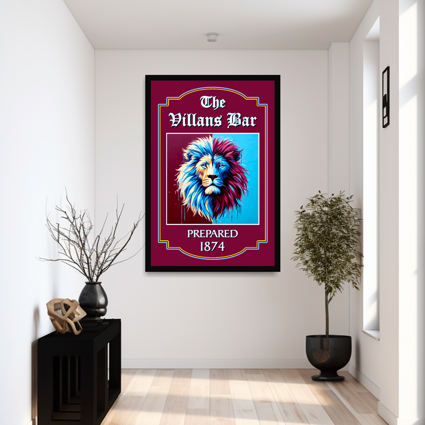 Aston Villa FC inspired black framed large artwork print of a lion's head with text 'Villans Bar' on a white wall.
