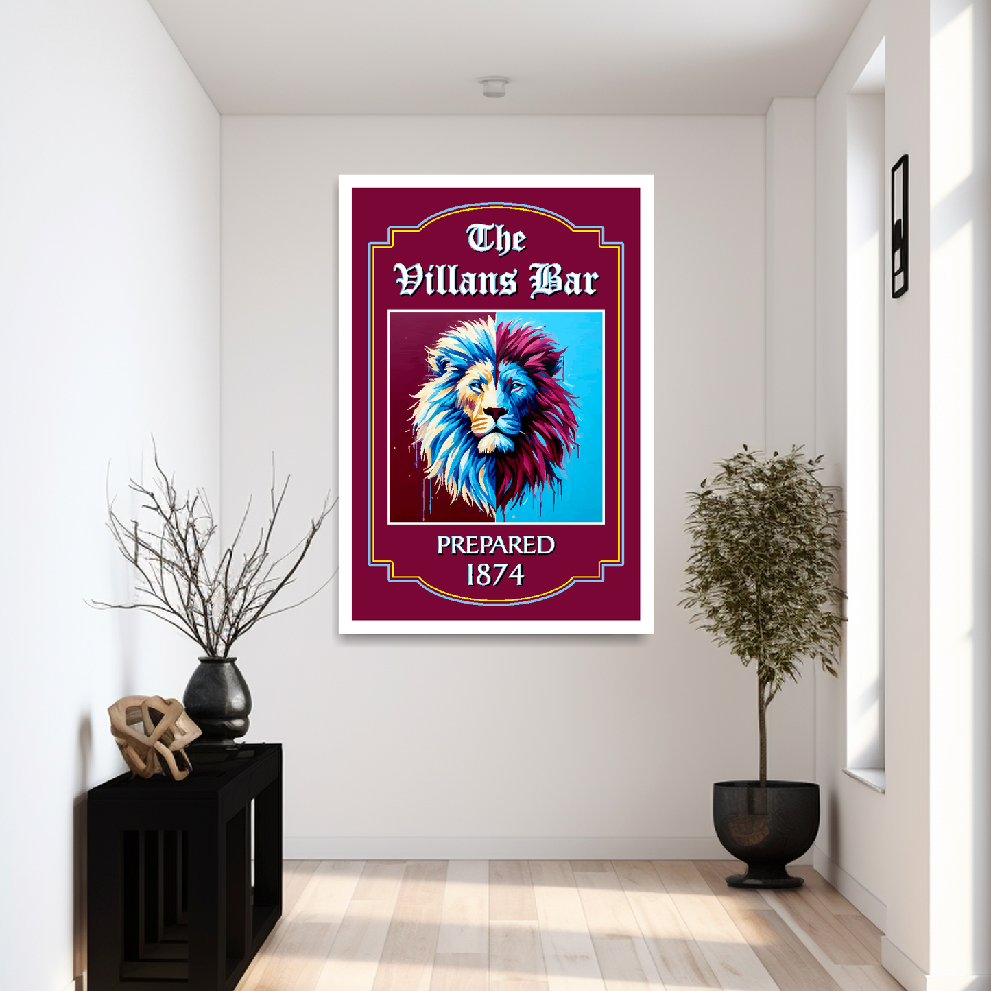 Aston Villa FC inspired white framed large artwork print of a lion's head with text 'Villans Bar' on a white wall