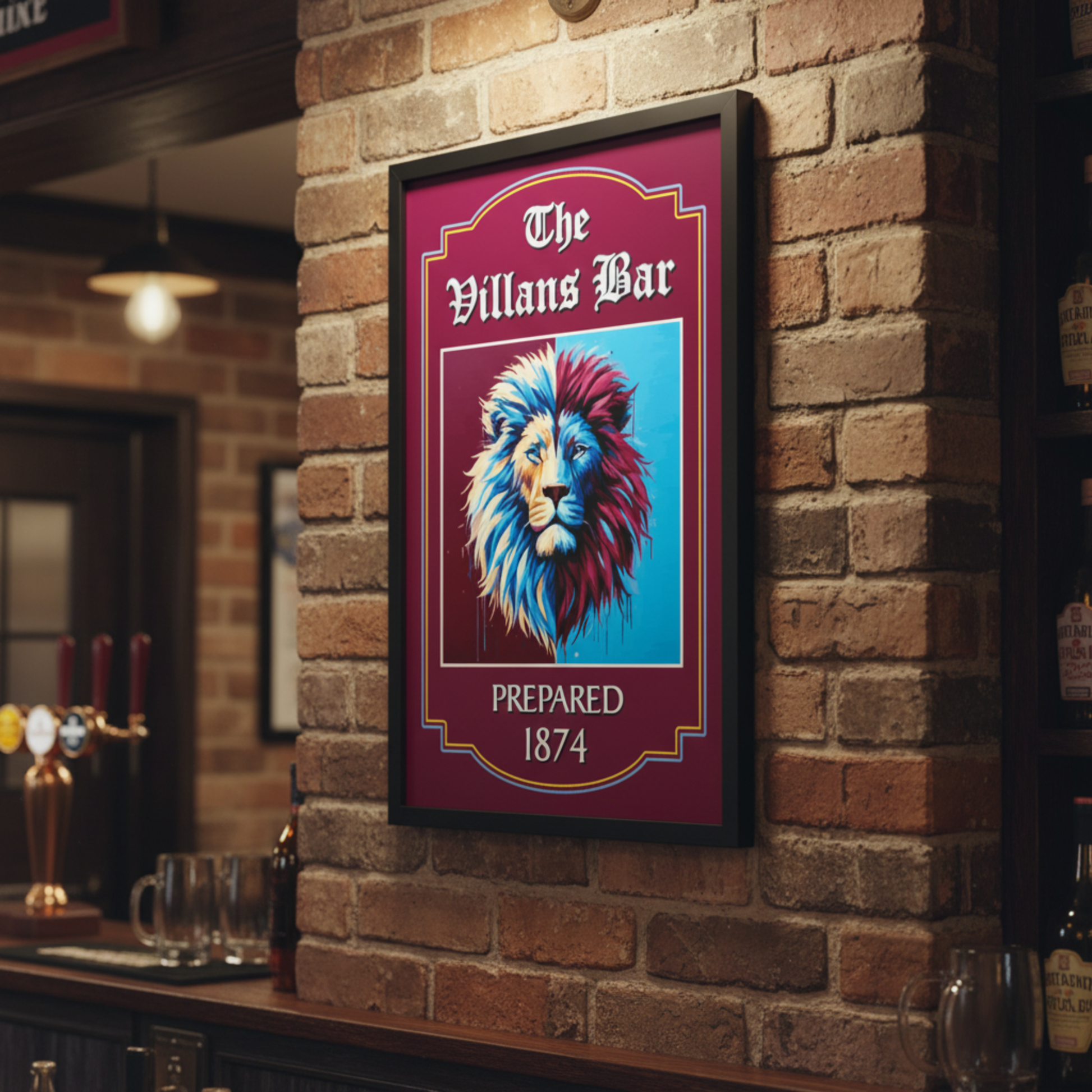Aston Villa FC framed artwork 'Villans Bar' with a lion on a brick wall in a bar setting