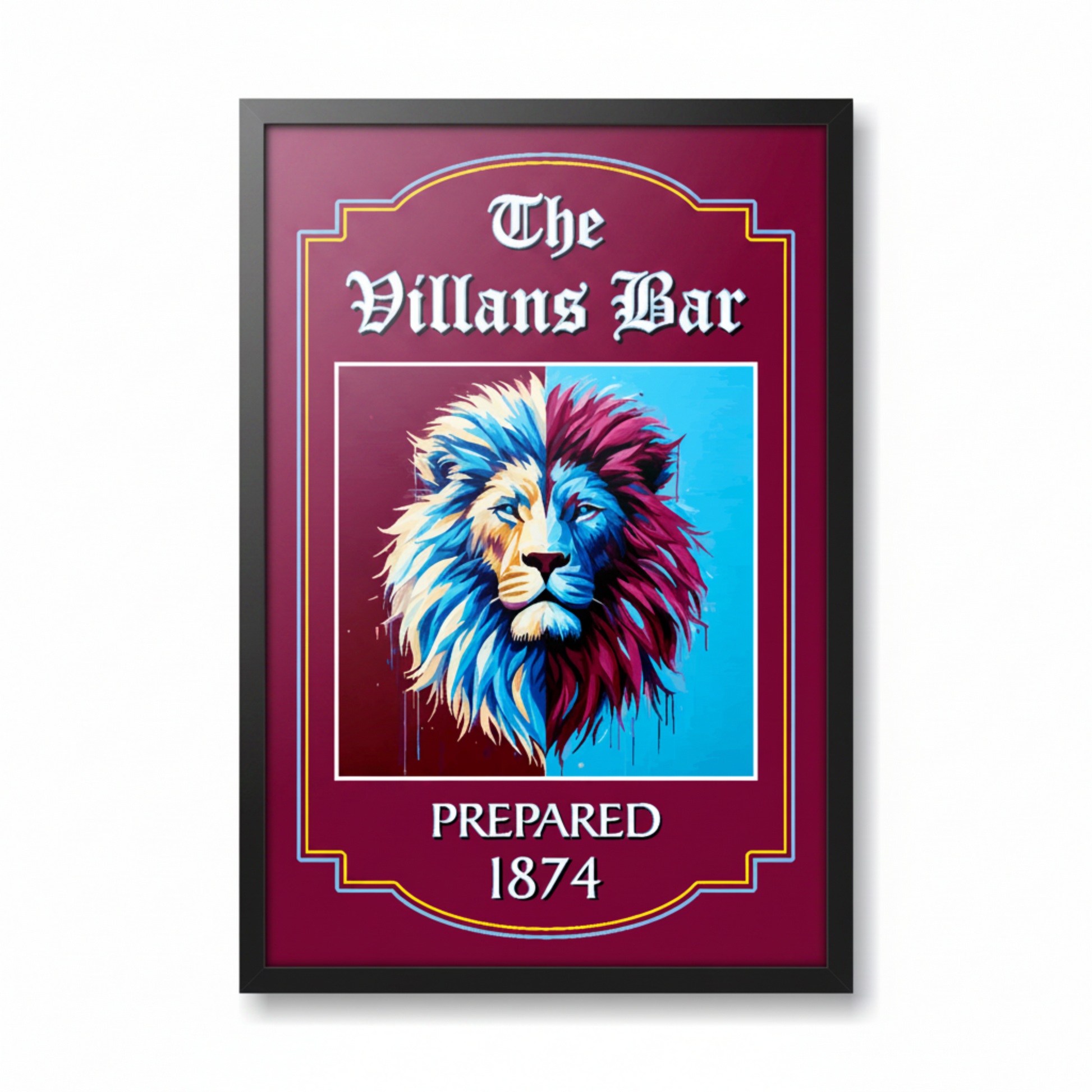Aston Villa FC decorative sign for 'The Villans Bar' with a lion design on a white background