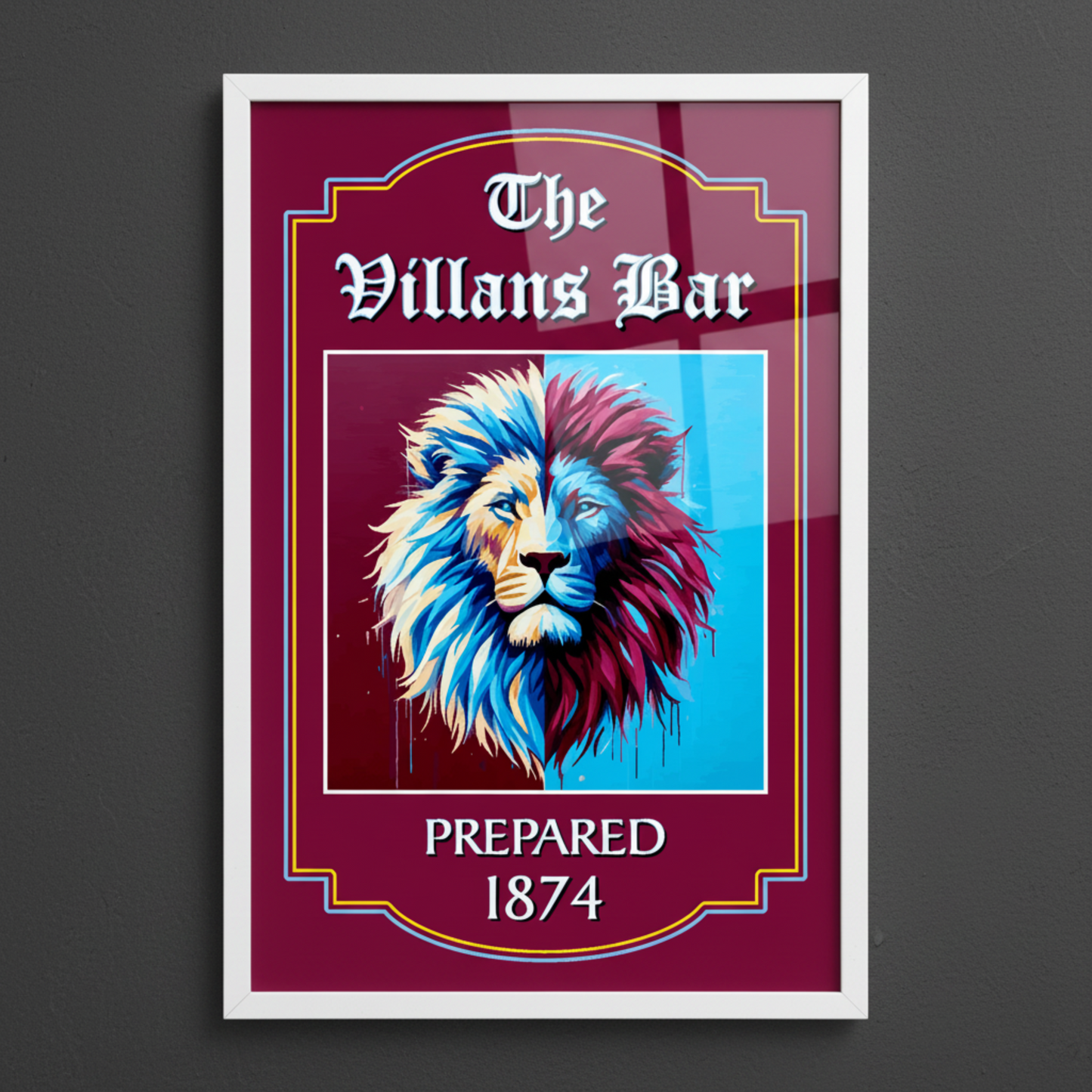 Aston Villa framed artwork of a colourful lion head with 'The Villains Bar' text on a dark background