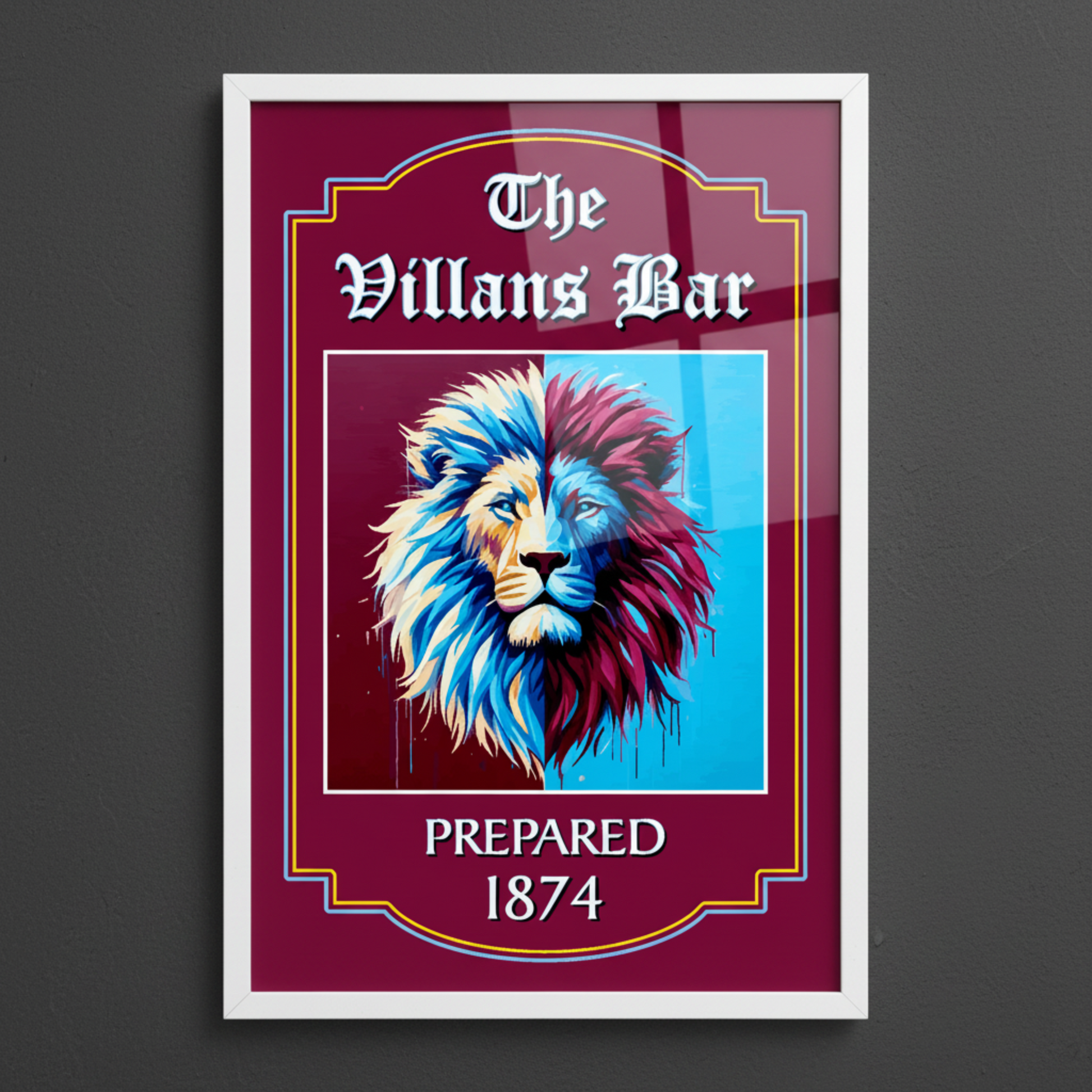 Aston Villa framed artwork of a colourful lion head with 'The Villains Bar' text on a dark background