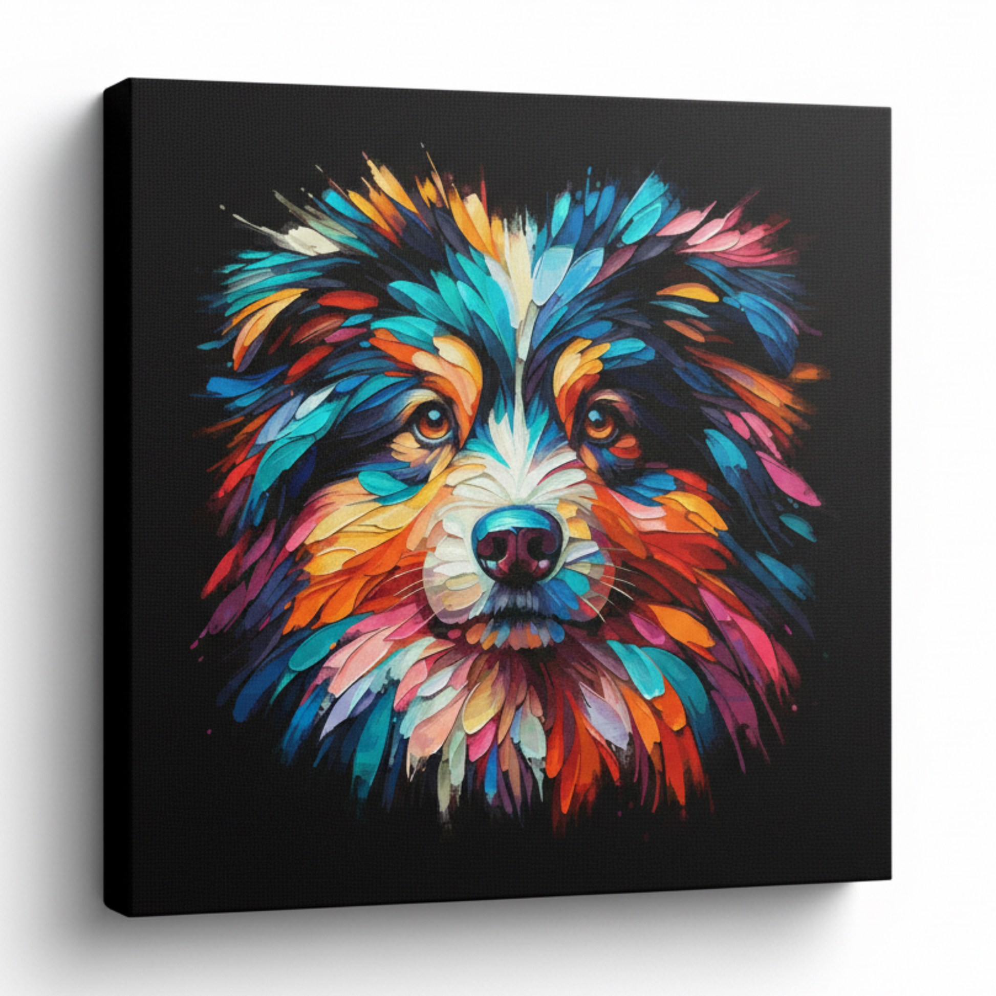 Colourful Australian Shepherd dog portrait canvas print - UK made abstract pet wall art black background