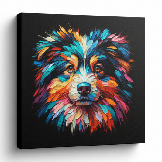 Colourful Australian Shepherd dog portrait canvas print - UK made abstract pet wall art black background
