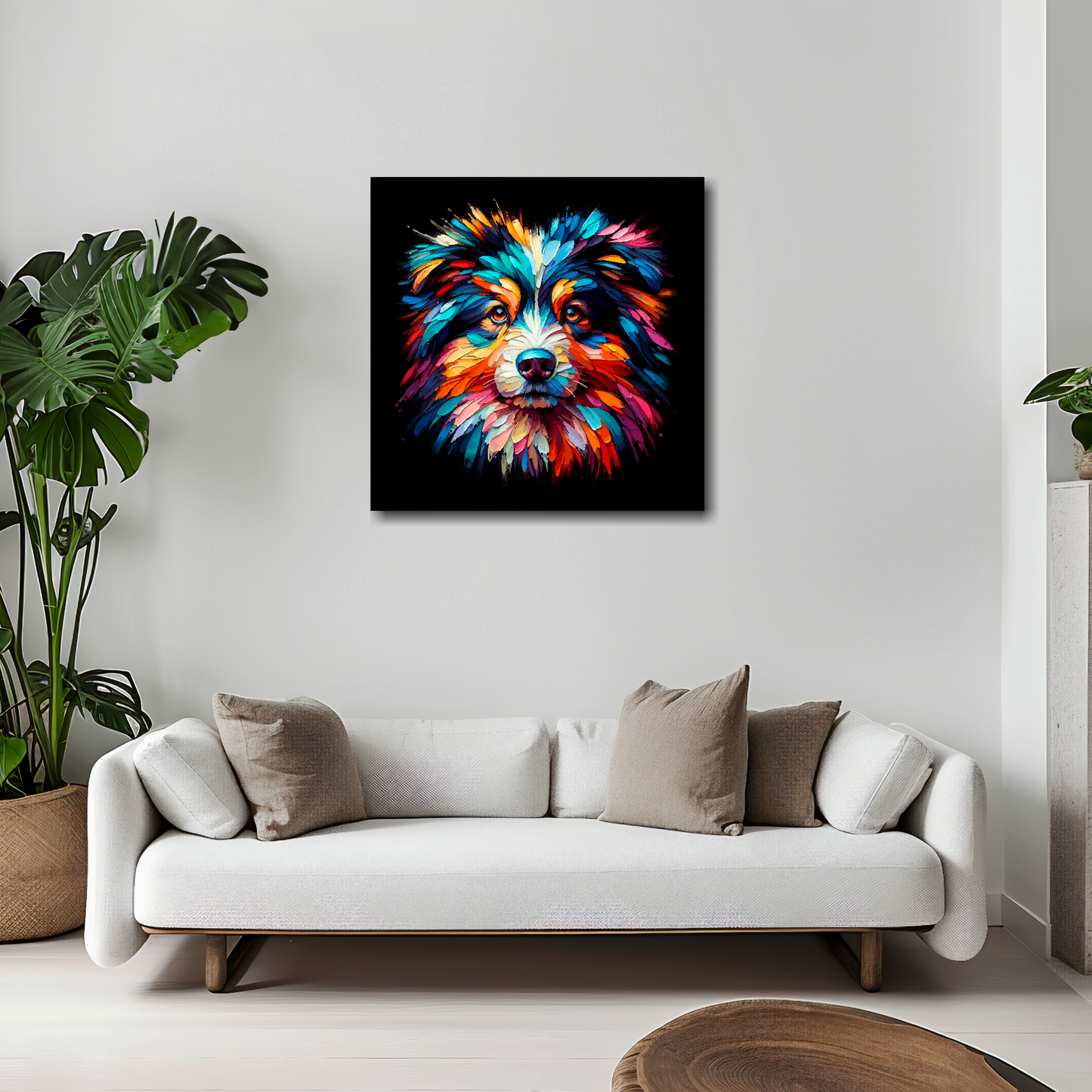 Australian Shepherd canvas 20x20 inches above white sofa - vibrant dog portrait wall art UK