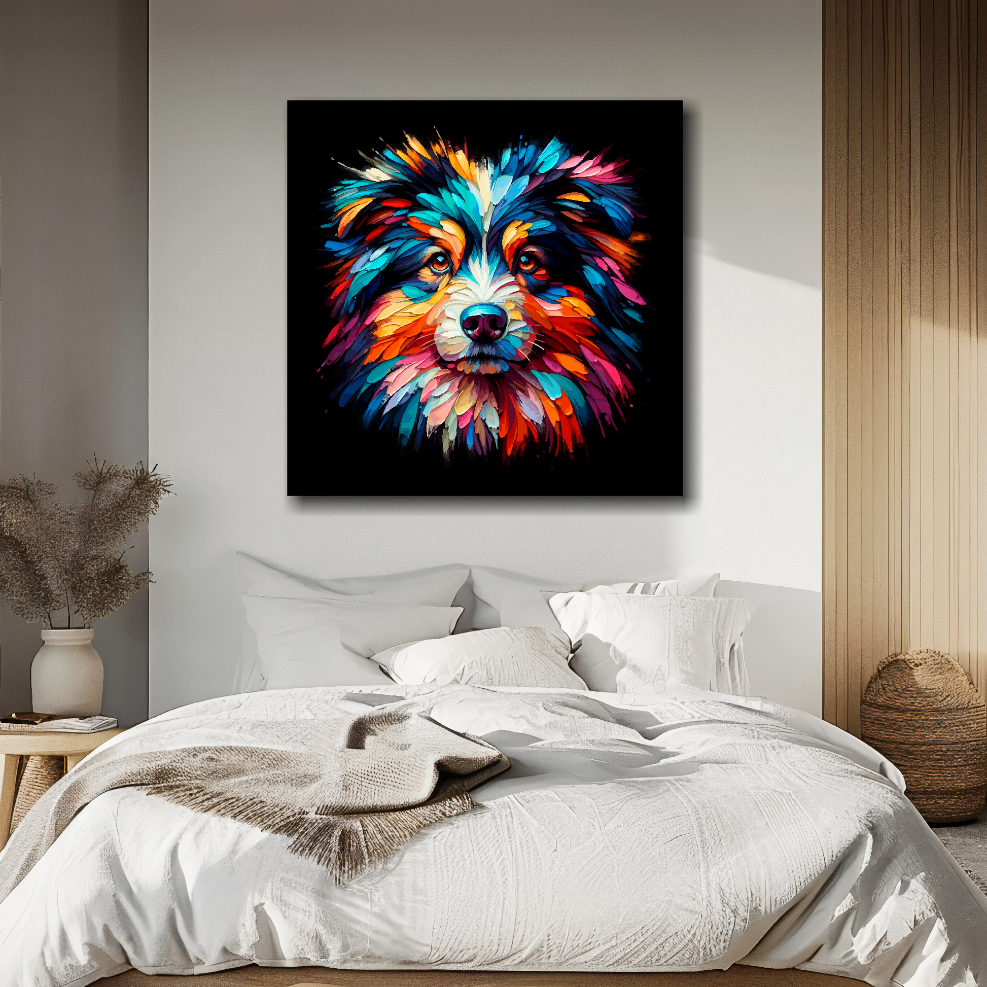 Australian Shepherd portrait canvas above bed - colourful dog wall decor for UK bedrooms