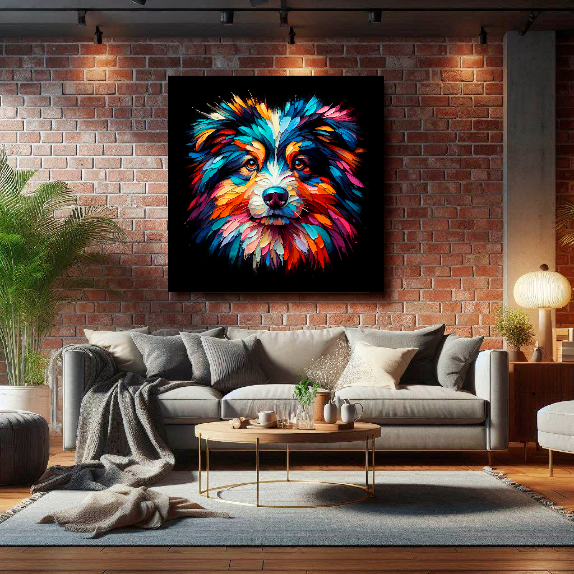 Large Australian Shepherd canvas on brick wall above grey sofa - bold dog portrait UK living room