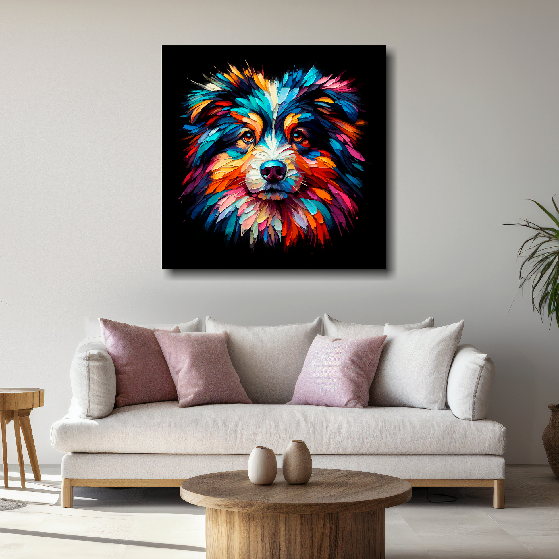 Large Australian Shepherd canvas above white sofa - vibrant abstract dog portrait wall art UK