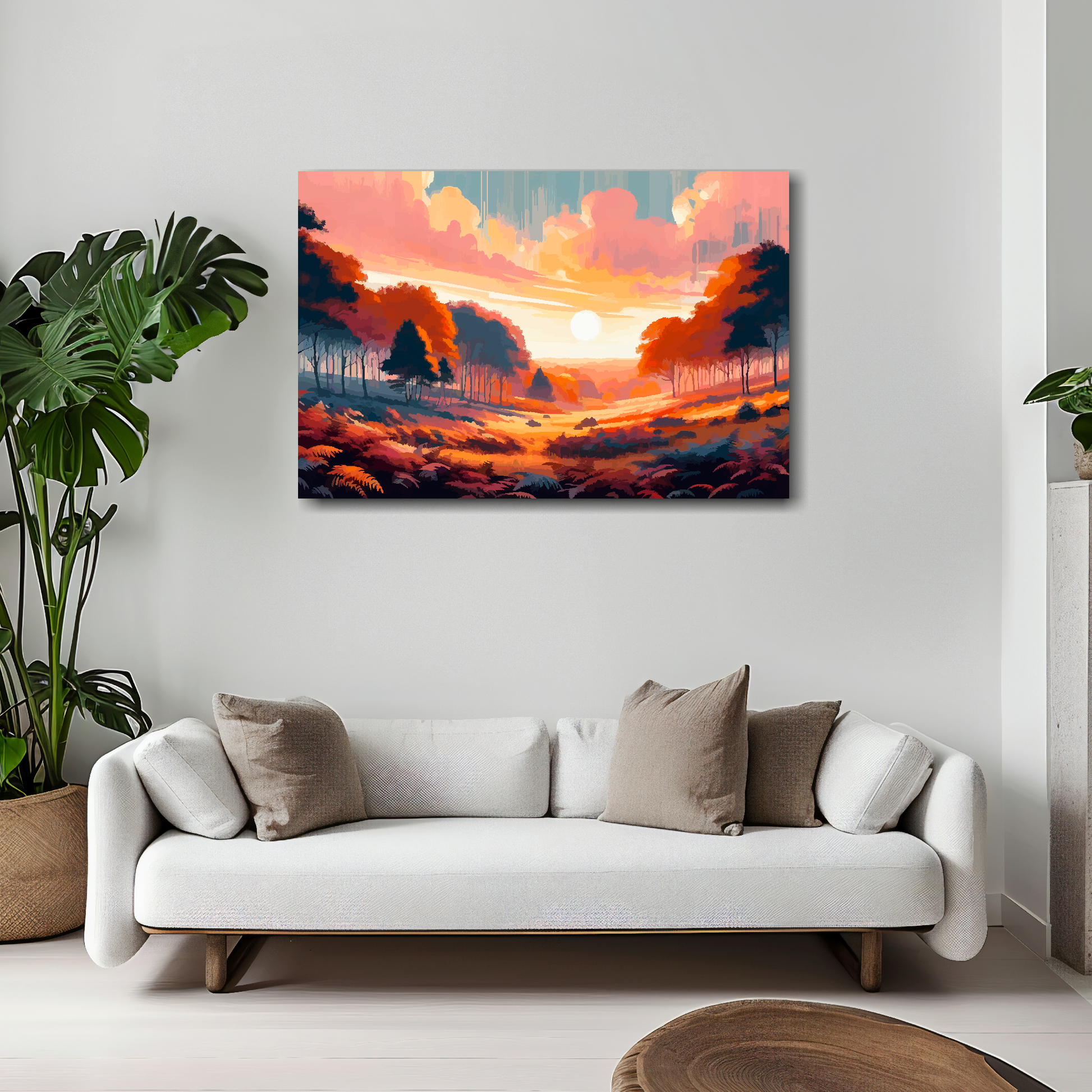 Autumn forest canvas 30x20 inches above white sofa - vibrant landscape wall art UK