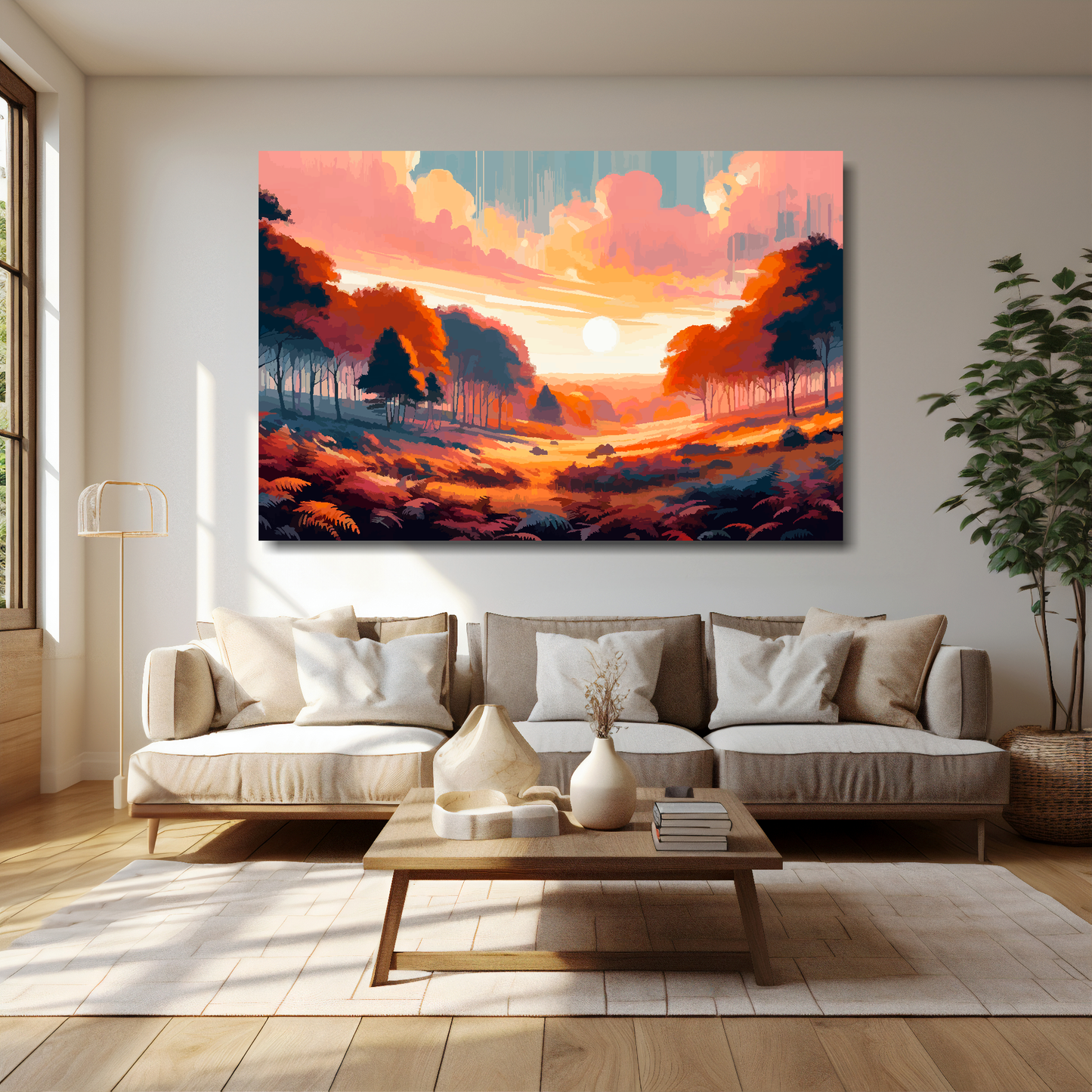 Autumn forest canvas 60x40 inches above cream sofa - XL vibrant landscape wall art UK