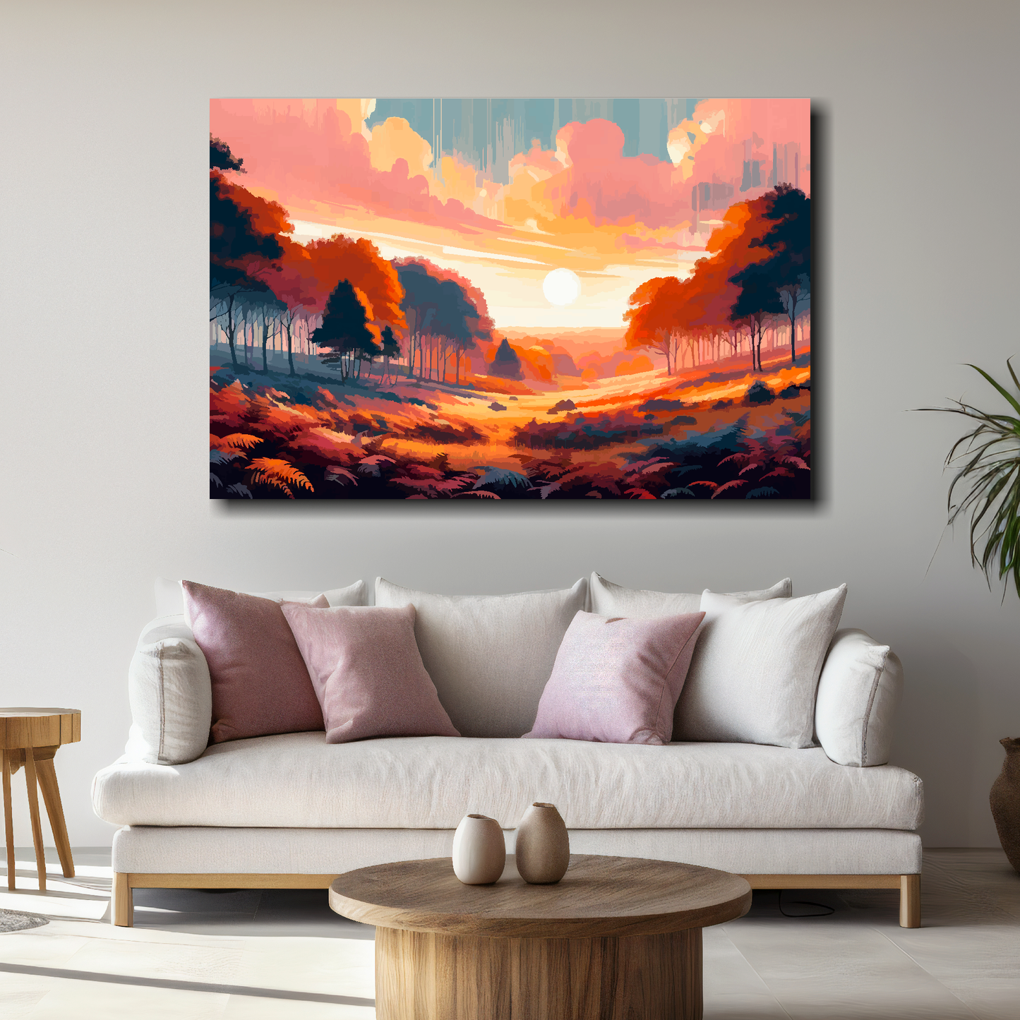 Large abstract canvas print of a surreal Autumn forest. Mounted on a white wall above a white sofa with decorative pillows.