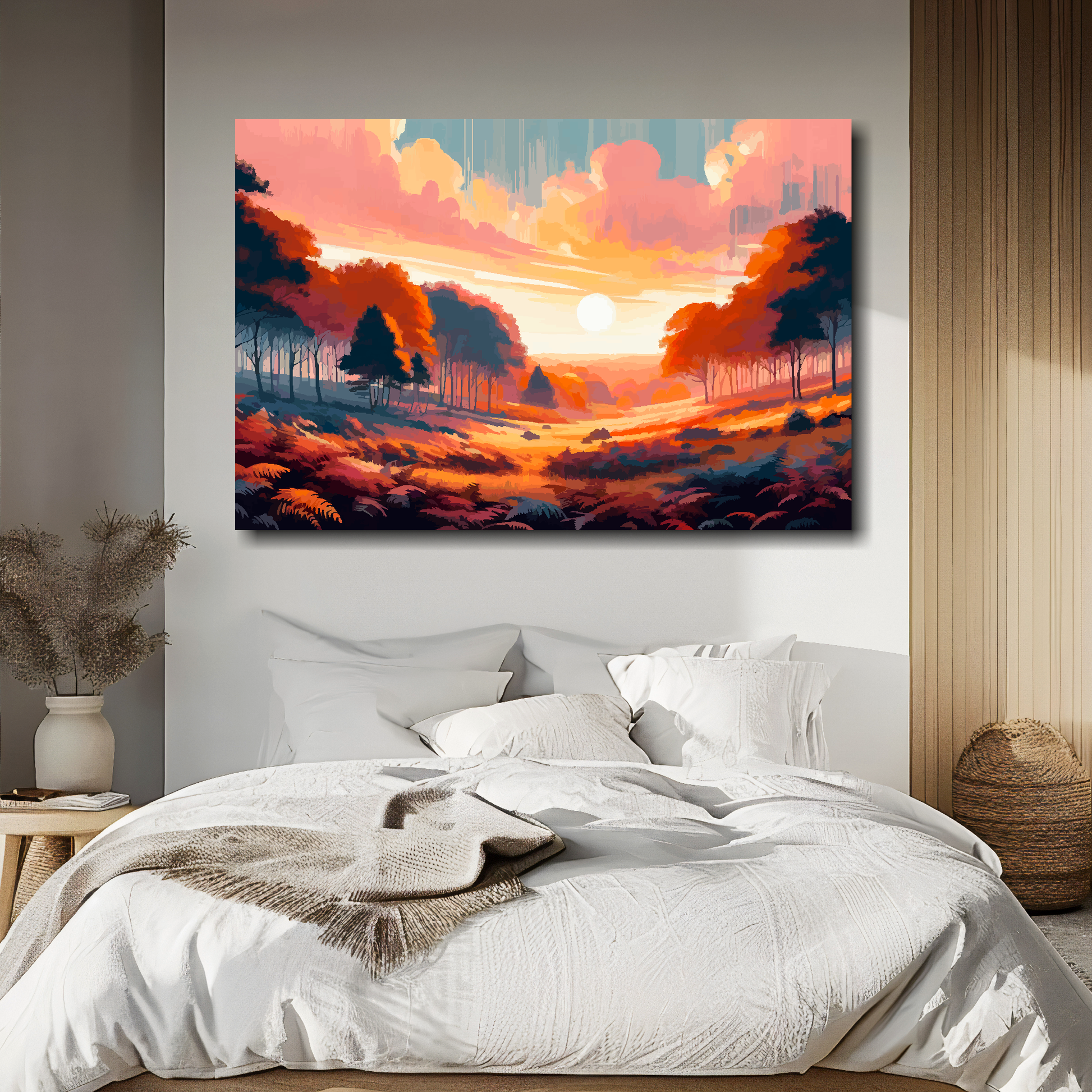 Autumn forest canvas above bed - colourful landscape wall decor for UK bedrooms