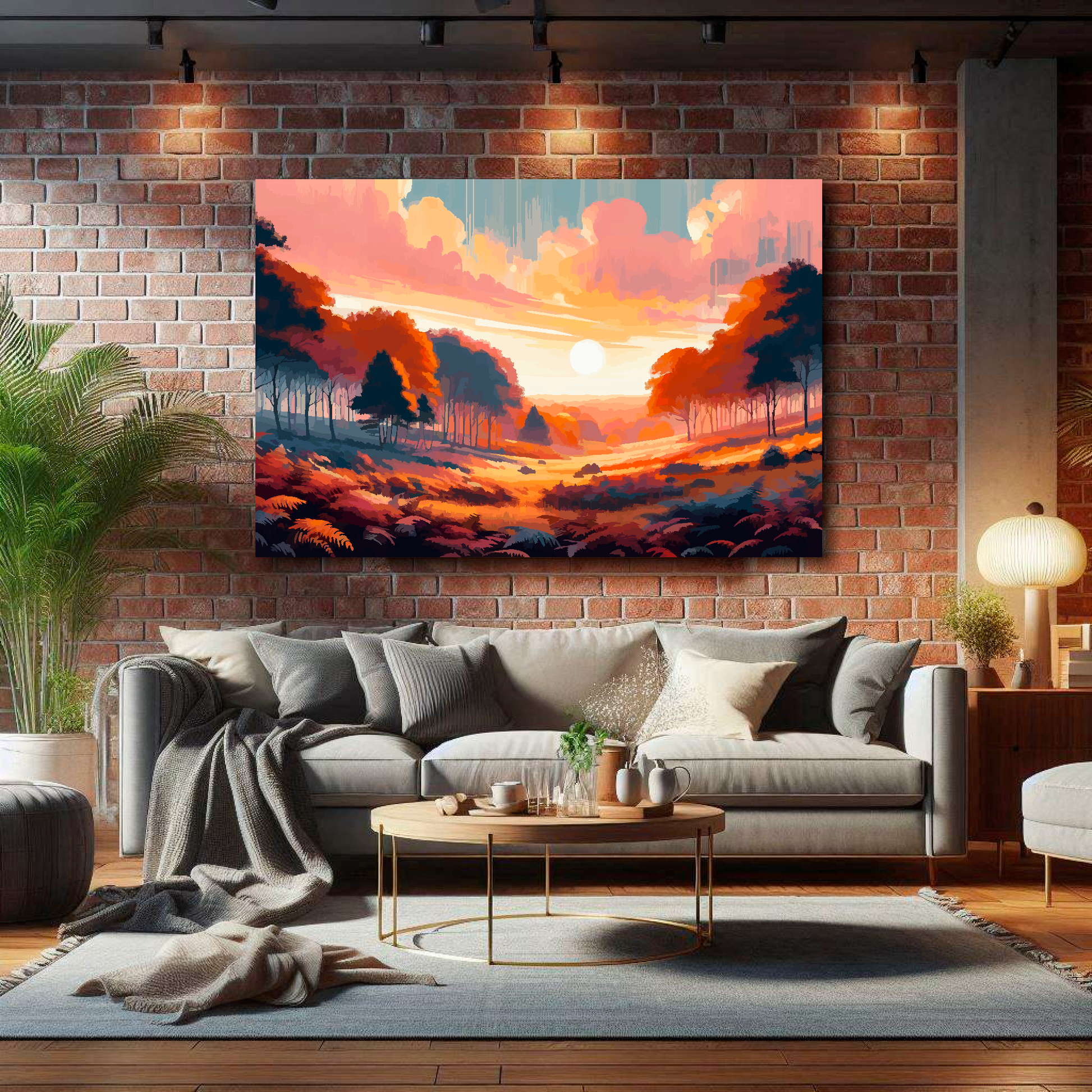 Large autumn forest canvas on brick wall above grey sofa - bold landscape art UK living room