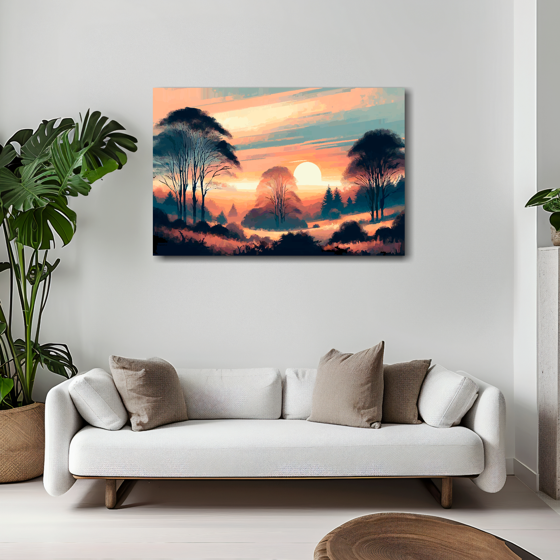 Autumn sunset canvas 30x20 inches above white sofa - vibrant landscape wall art UK