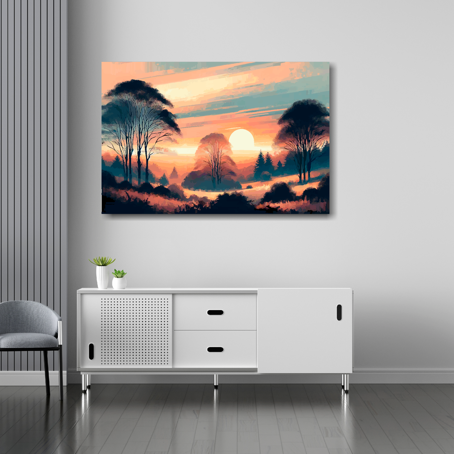 Autumn sunset canvas 36x24 inches above sideboard - large colourful landscape art UK made