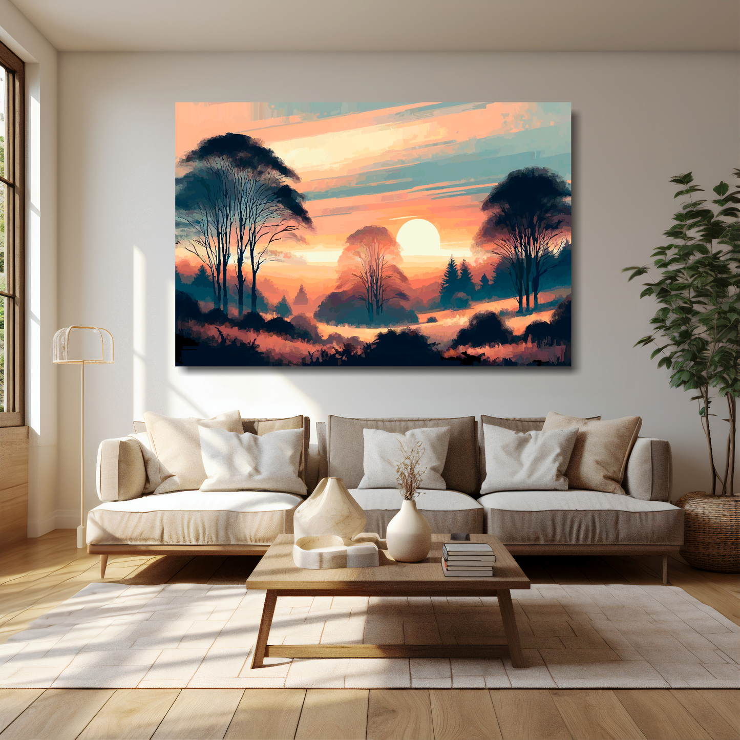 Autumn sunset canvas 60x40 inches above cream sofa - XL vibrant landscape wall art UK