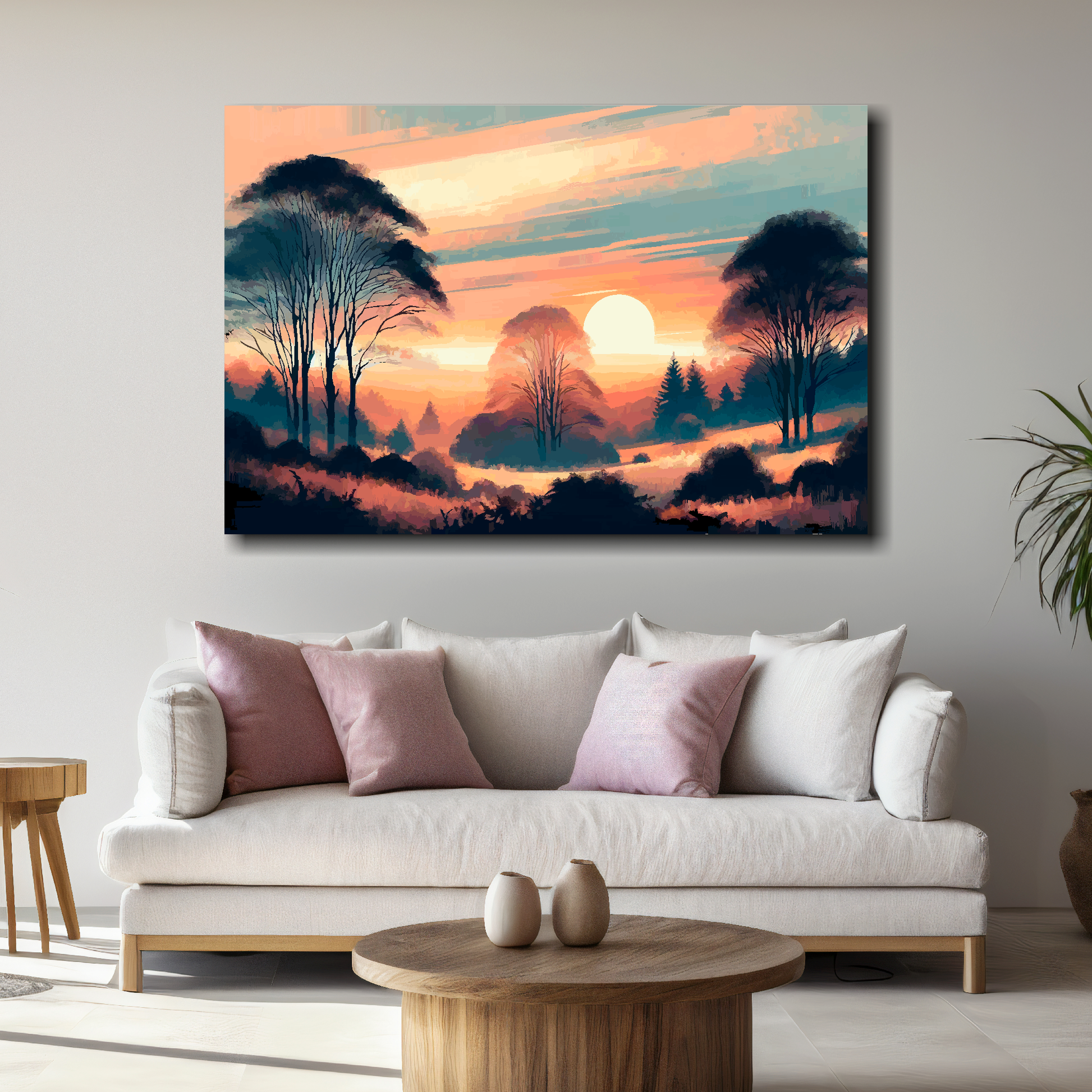 Large autumn sunset canvas above white sofa - vibrant abstract landscape wall art UK