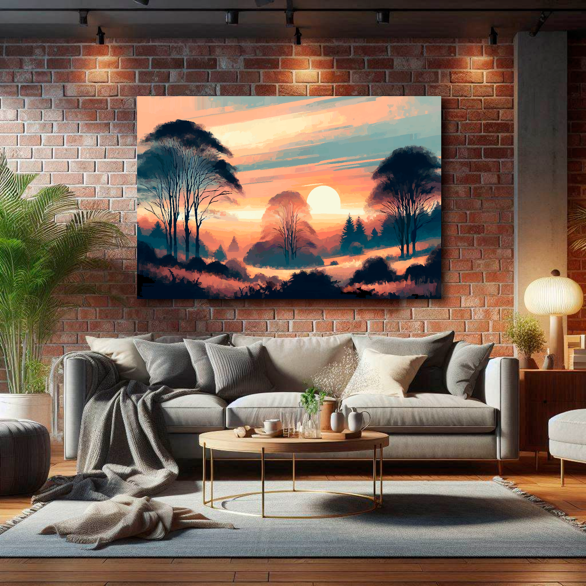 Large autumn sunset canvas on brick wall above grey sofa - bold landscape art UK living room