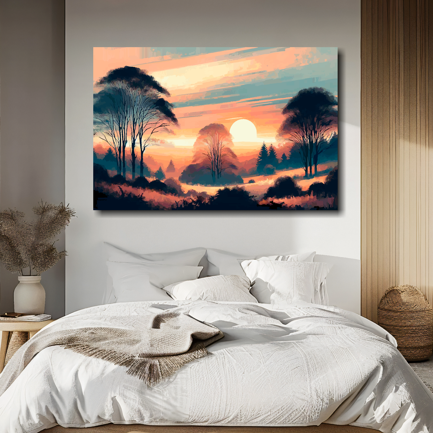 Autumn sunset canvas above bed - colourful landscape wall decor for UK bedrooms