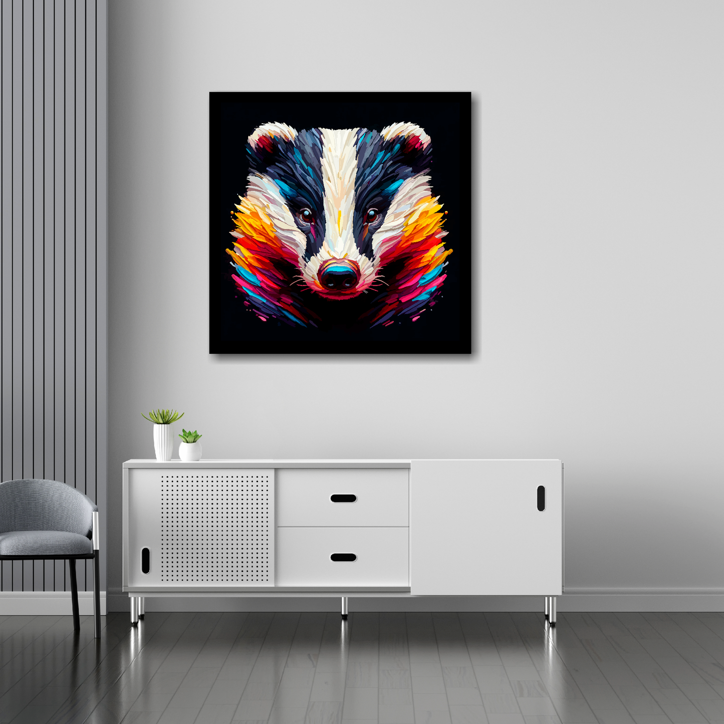 Badger canvas 30x30 inches above sideboard - large colourful wildlife portrait UK made