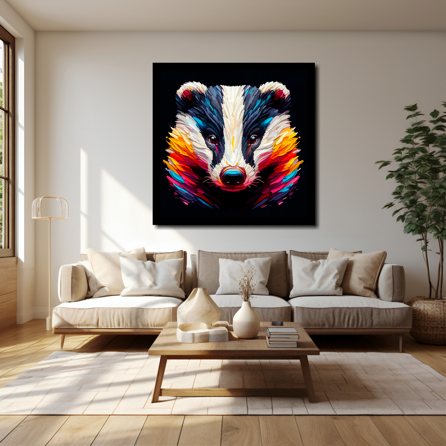Badger canvas 40x40 inches above cream sofa - XL vibrant wildlife wall art UK
